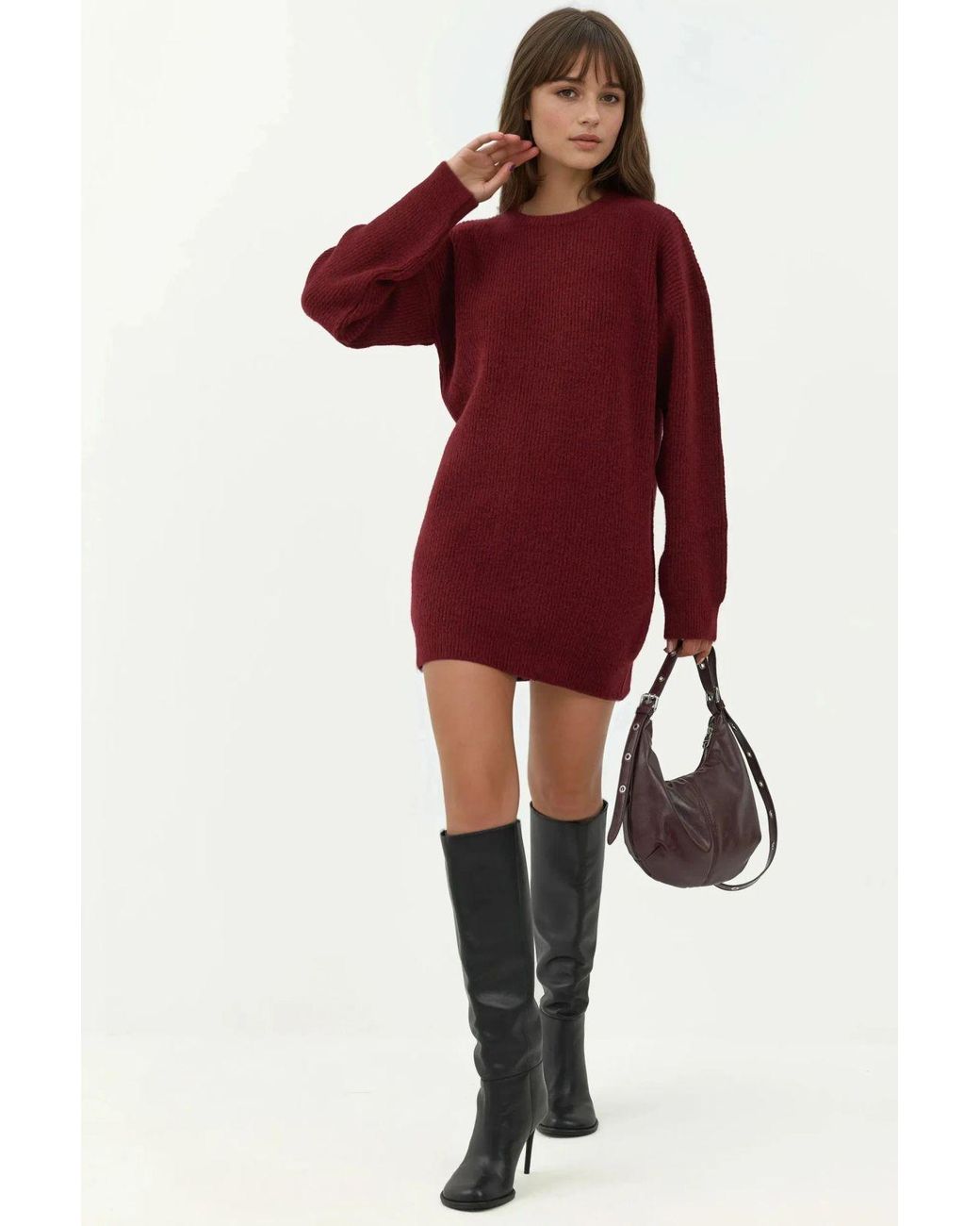 Hiccup Red Knit Mini Dress With Crew Neck
