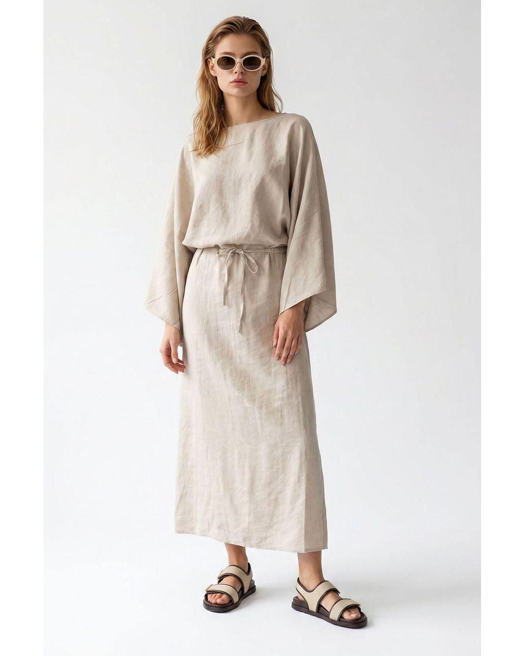 MixRay Natural Solid Textured Maxi Dress With Tie Detail