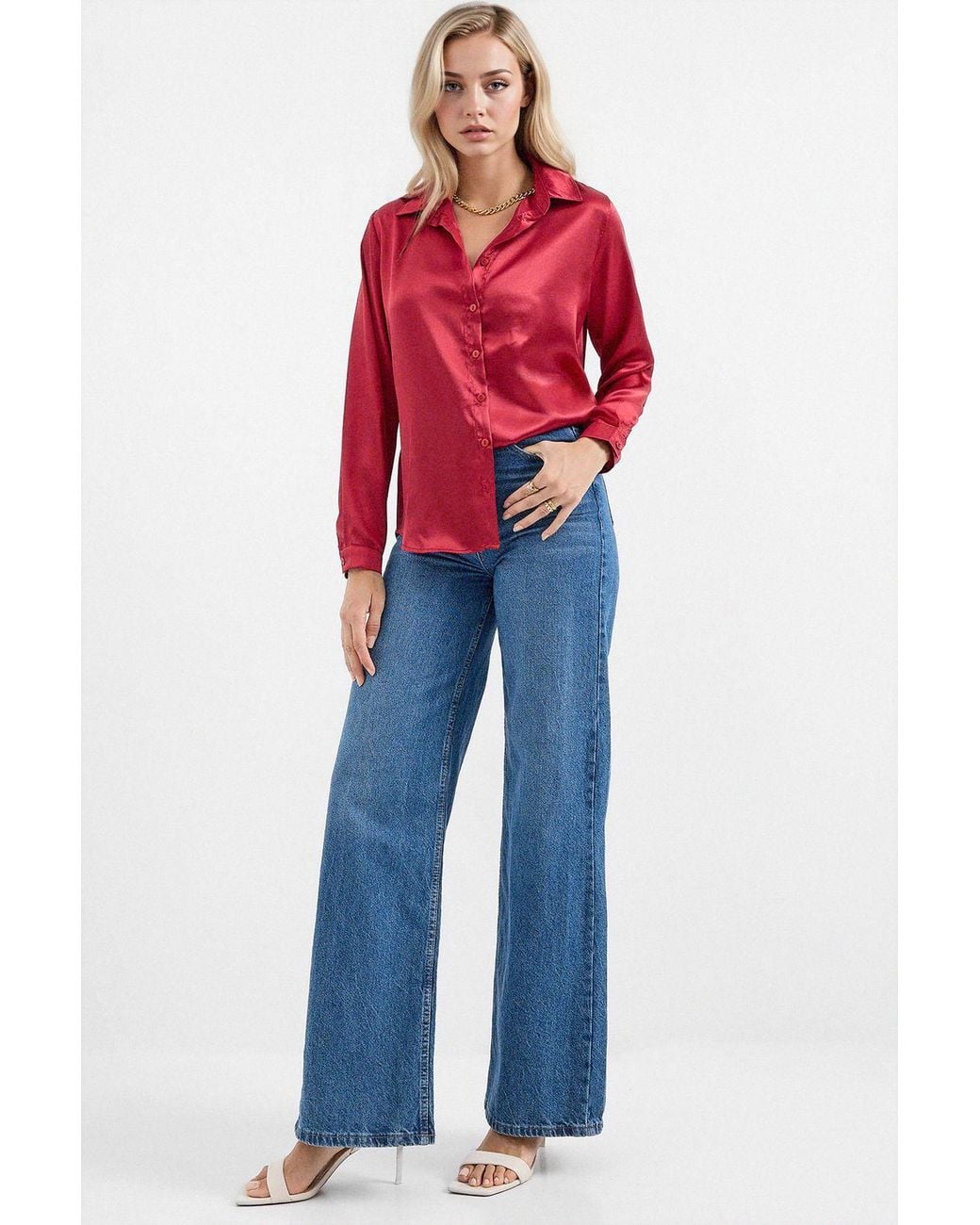 Bigdart Red Satin Long Sleeve Button Up Shirt