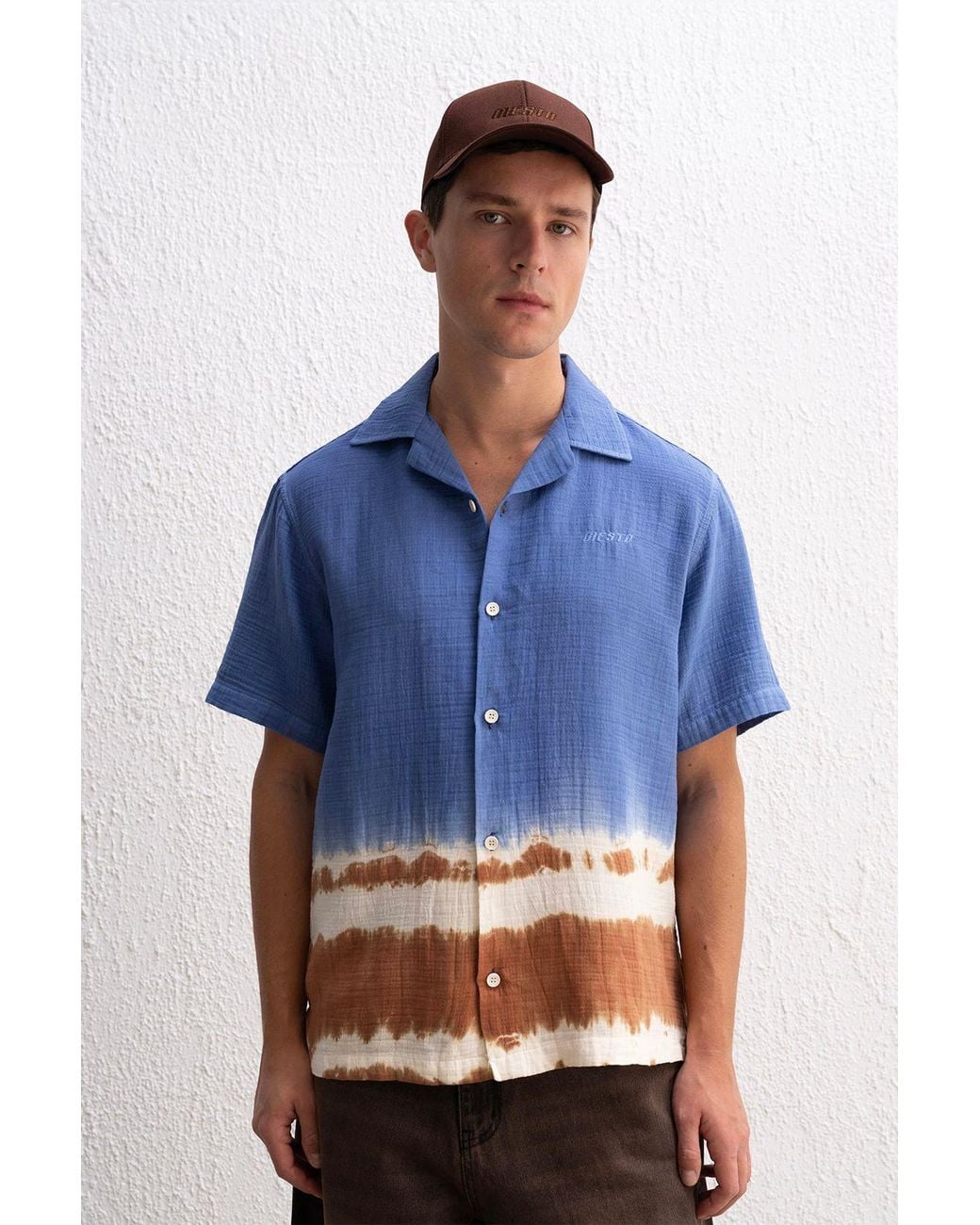 Giesto Blue Tie-Dye Short Sleeve Button-Up Shirt for men