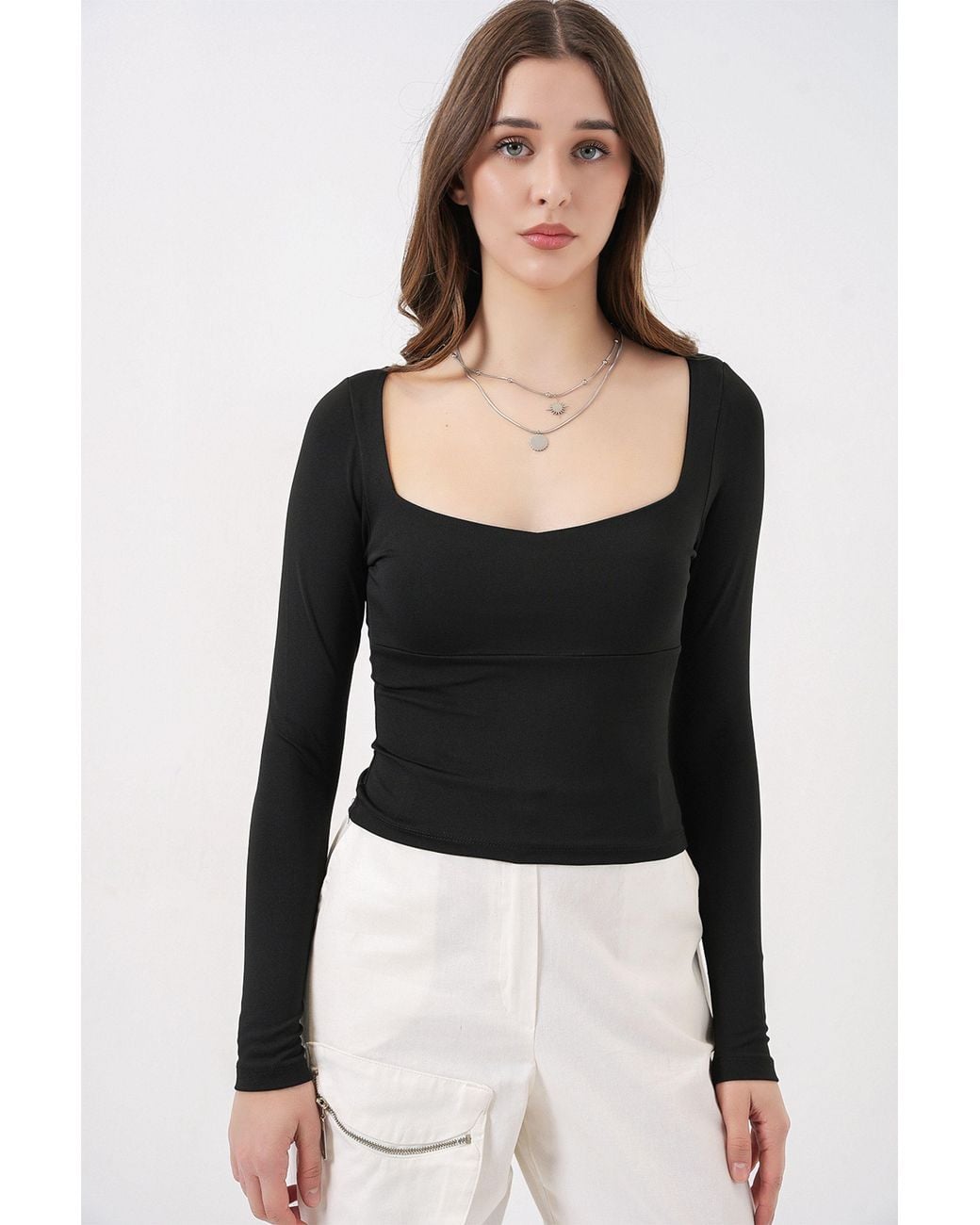 Bigdart Black Long Sleeve Fitted Blouse With Heart Collar