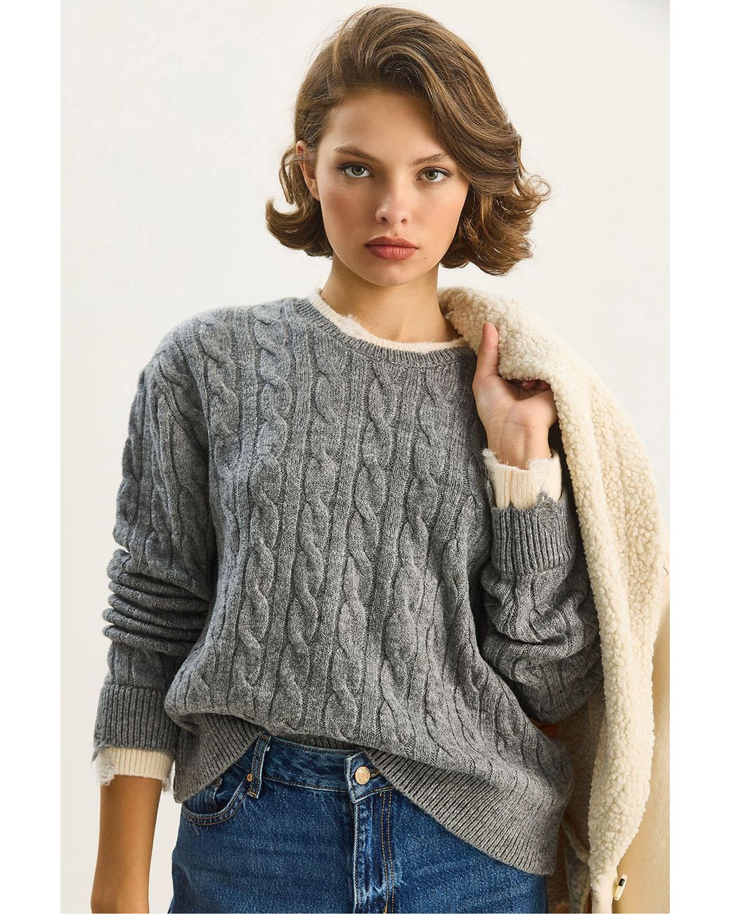 Bianco Lucci Gray Hair Braid Patterned Sweater