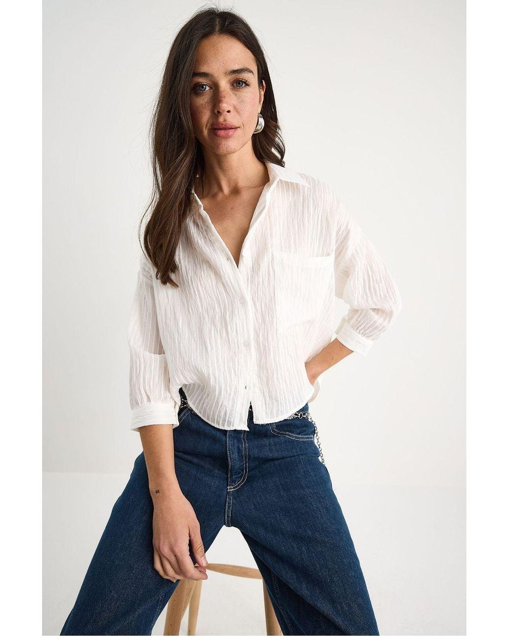Bianco Lucci Blue Textured Striped Crop Shirt With Button Closure And Pocket