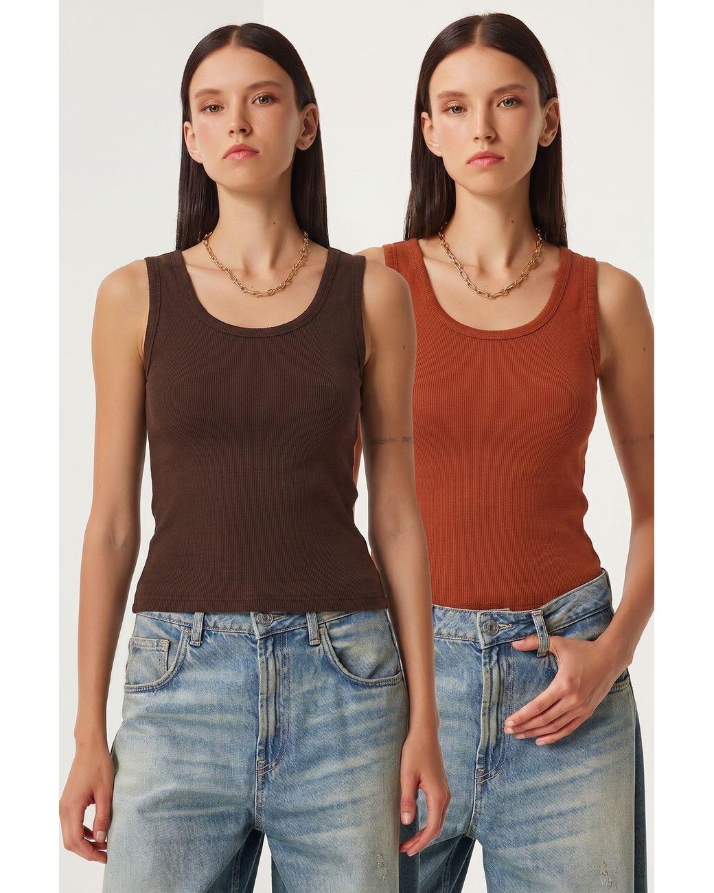 Happiness İstanbul Blue Fitted U Collar Knitted 2- Pack Tank Top
