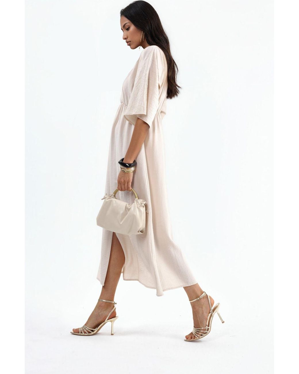 Busem Natural V-Neck Midi Wrap Dress With Three Quarter Sleeves