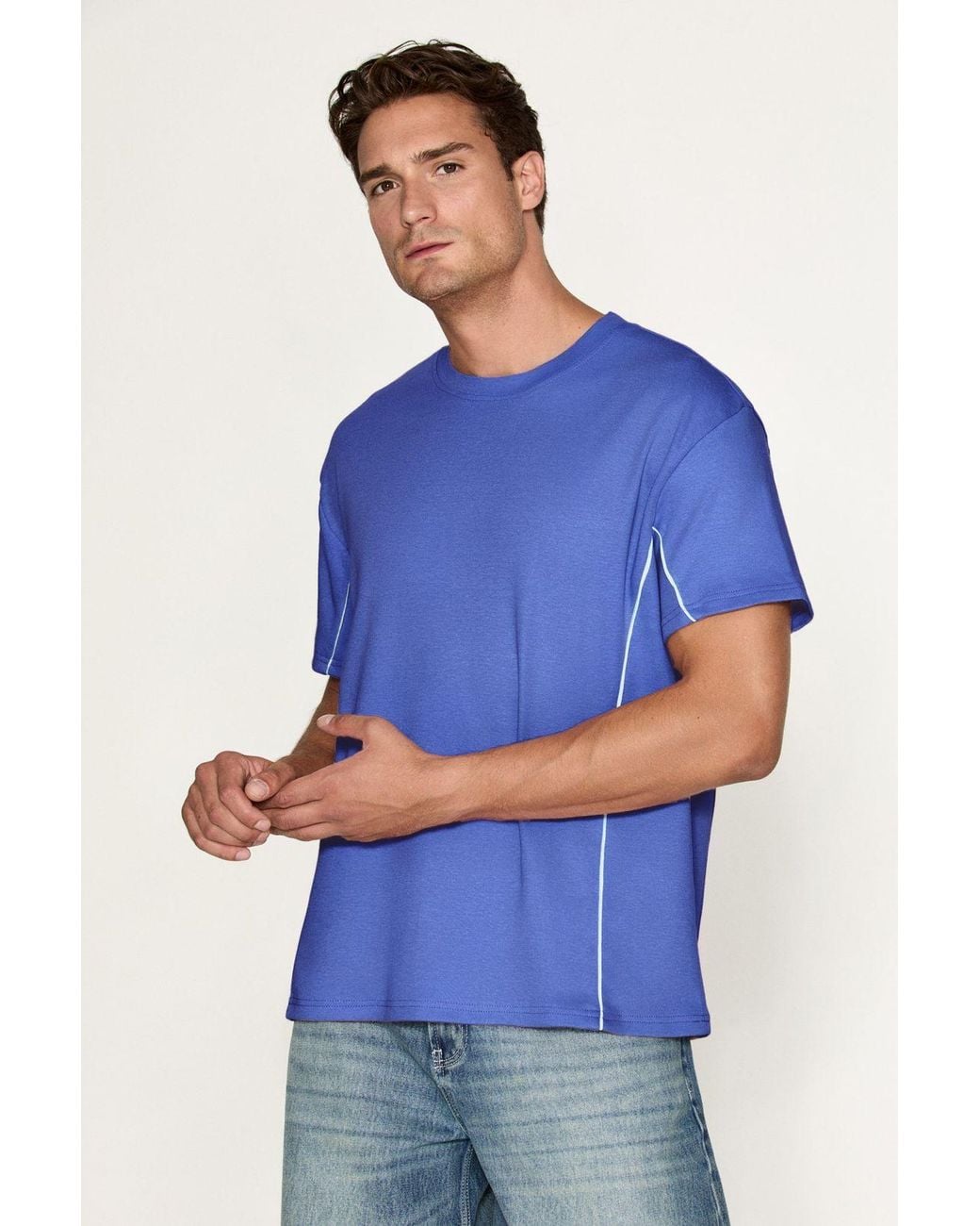 Grimelange Blue Straight Crew Neck Short Sleeve T-Shirt for men