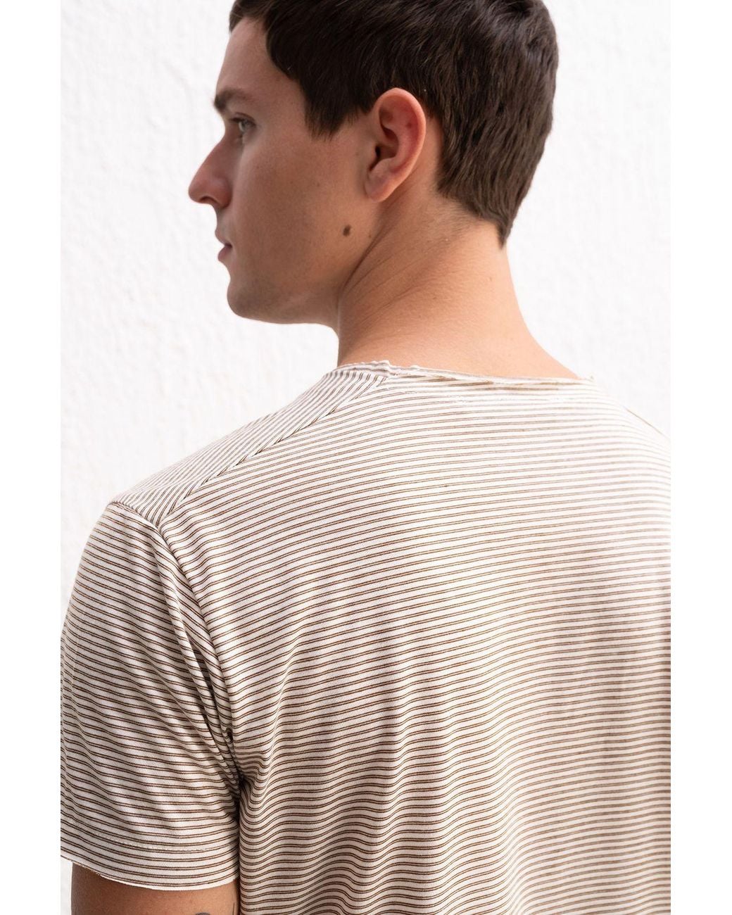 Giesto Brown Striped Crew Neck T-Shirt With Embroidery for men