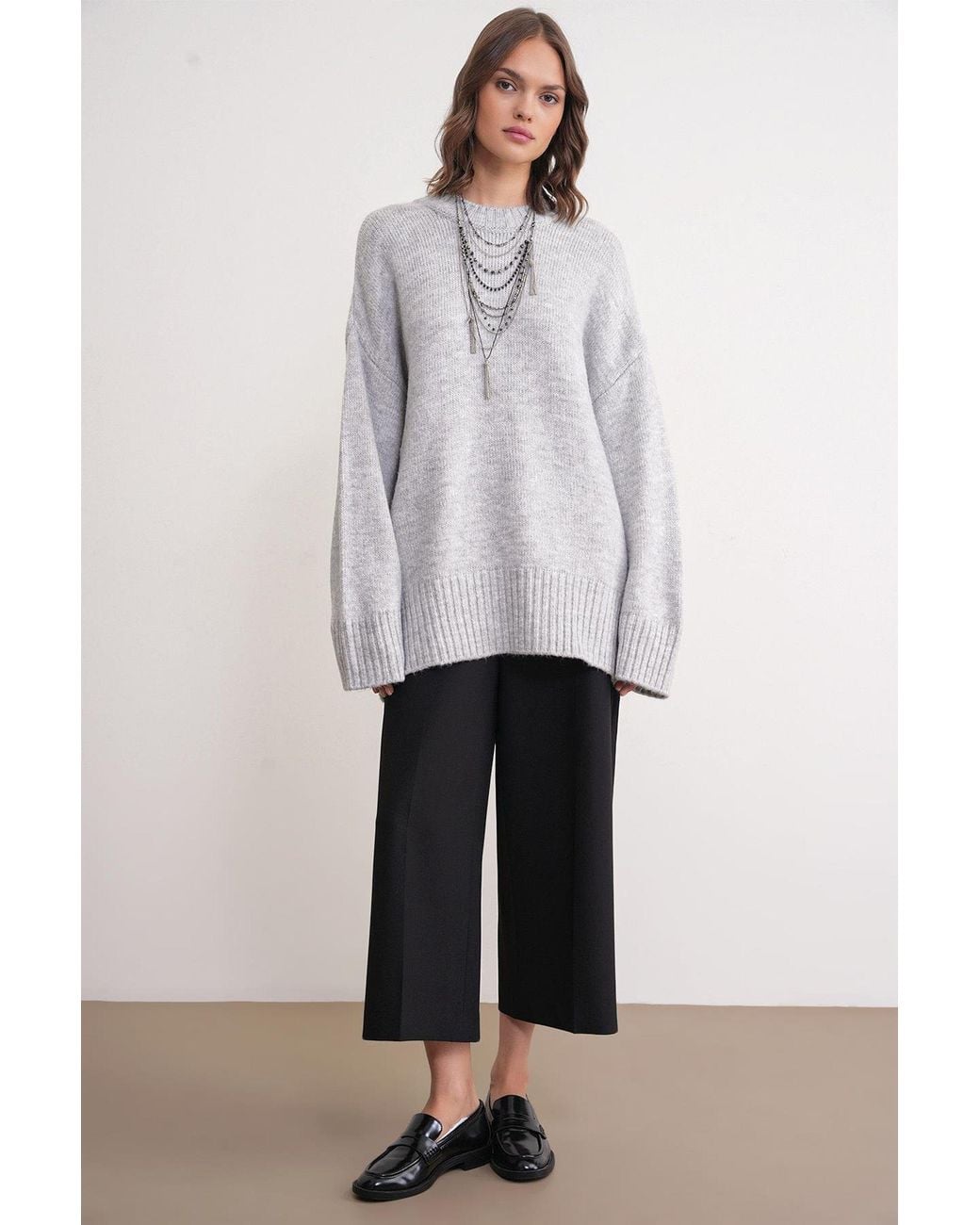 MixRay Gray Oversized Ribbed Knit Sweater With Crew Neck