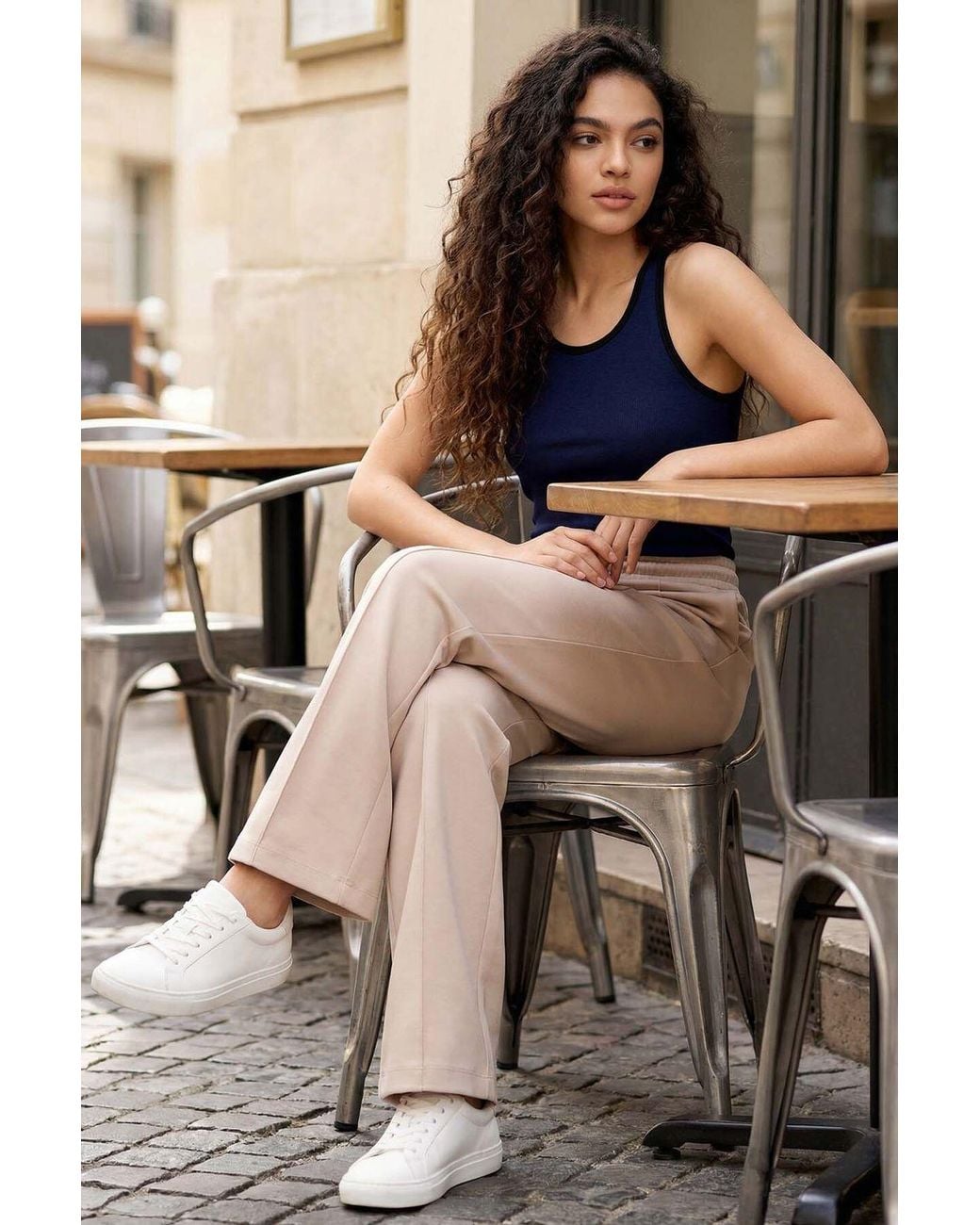 TOMMY LIFE Natural Textured Wide Leg Palazzo Pants With Drawstring Waist