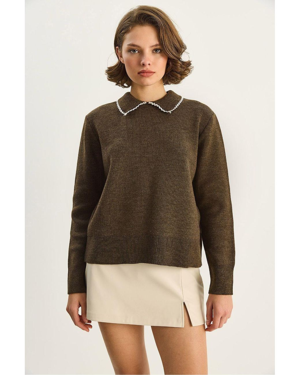 Bianco Lucci Brown Knit Sweater With Shirt Collar