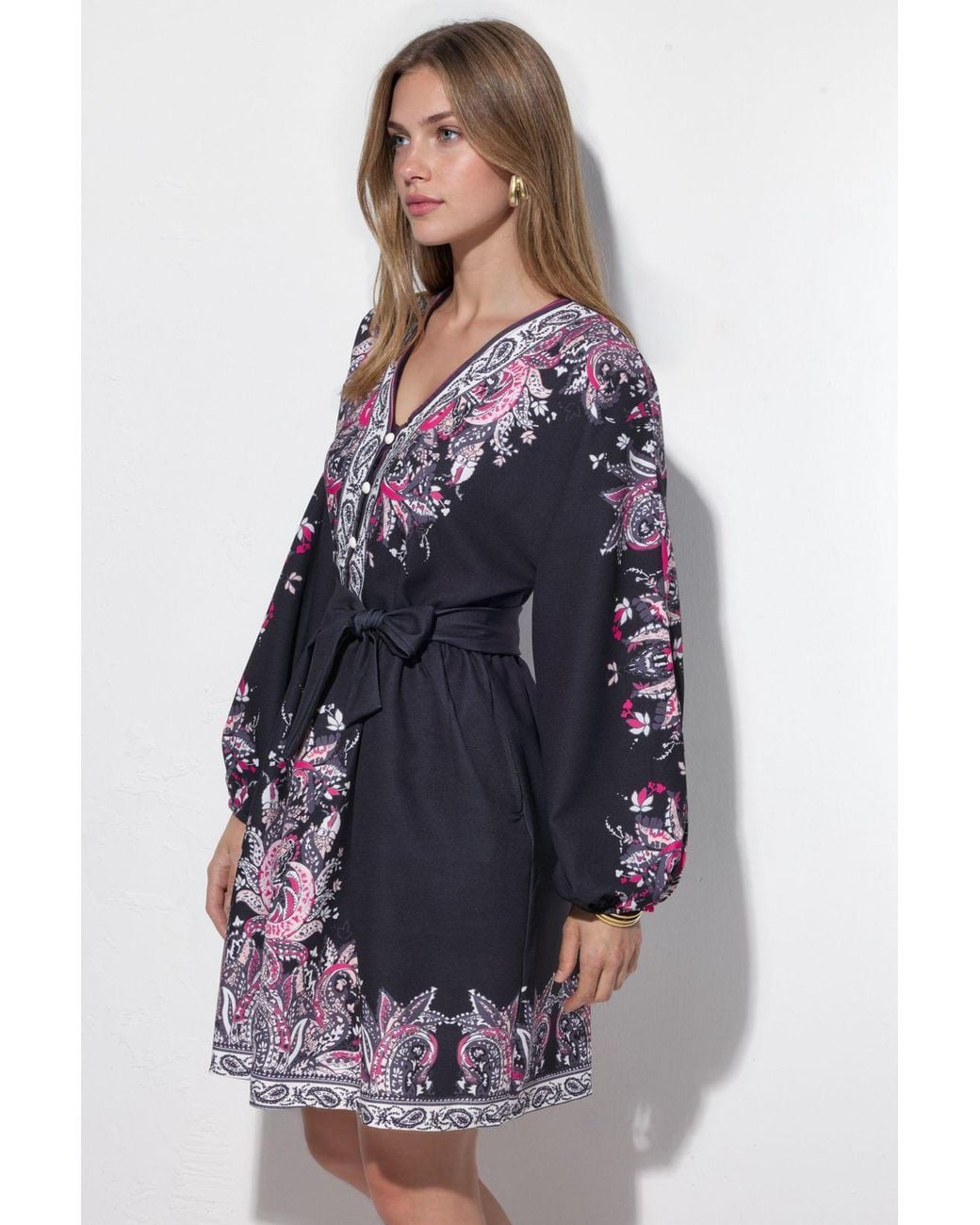 Msn-Collection Blue Belted Mini Dress With V-Neck