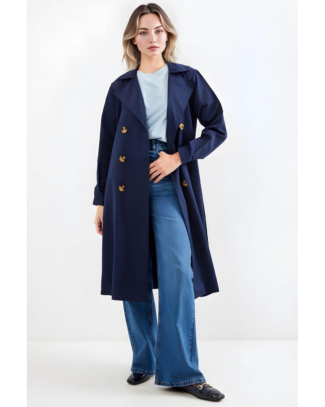 Bigdart Blue Double Breasted Long Trench Coat