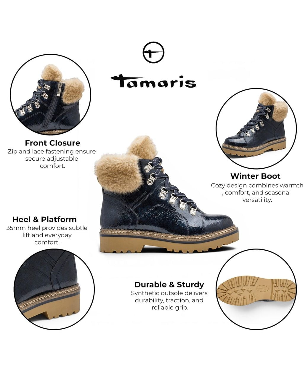 Tamaris Blue Faux Leather Warm Winter Ankle Boots