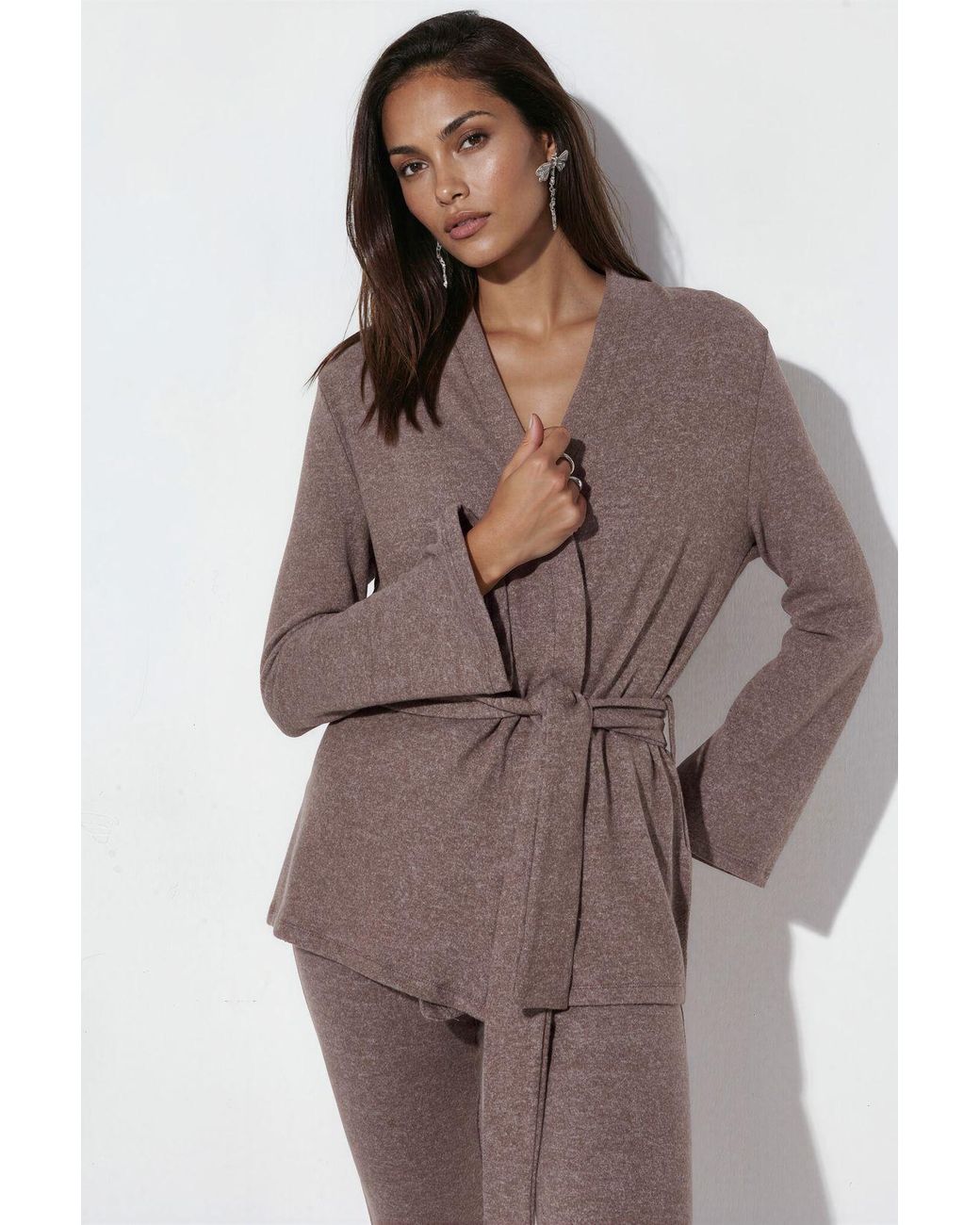 Busem Brown Belted Ribbed Knit Cardigan