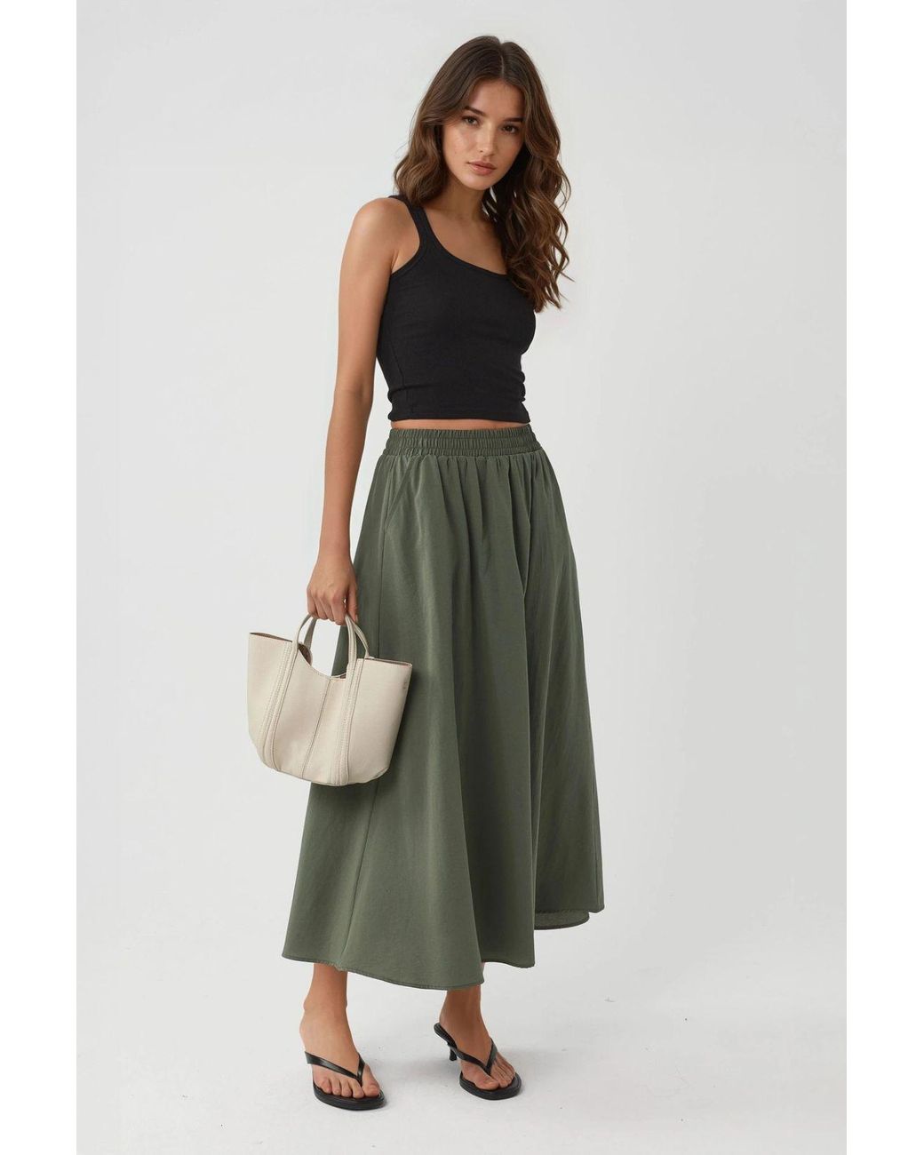 Busem Green Elastic Waist Midi Skirt With Pockets