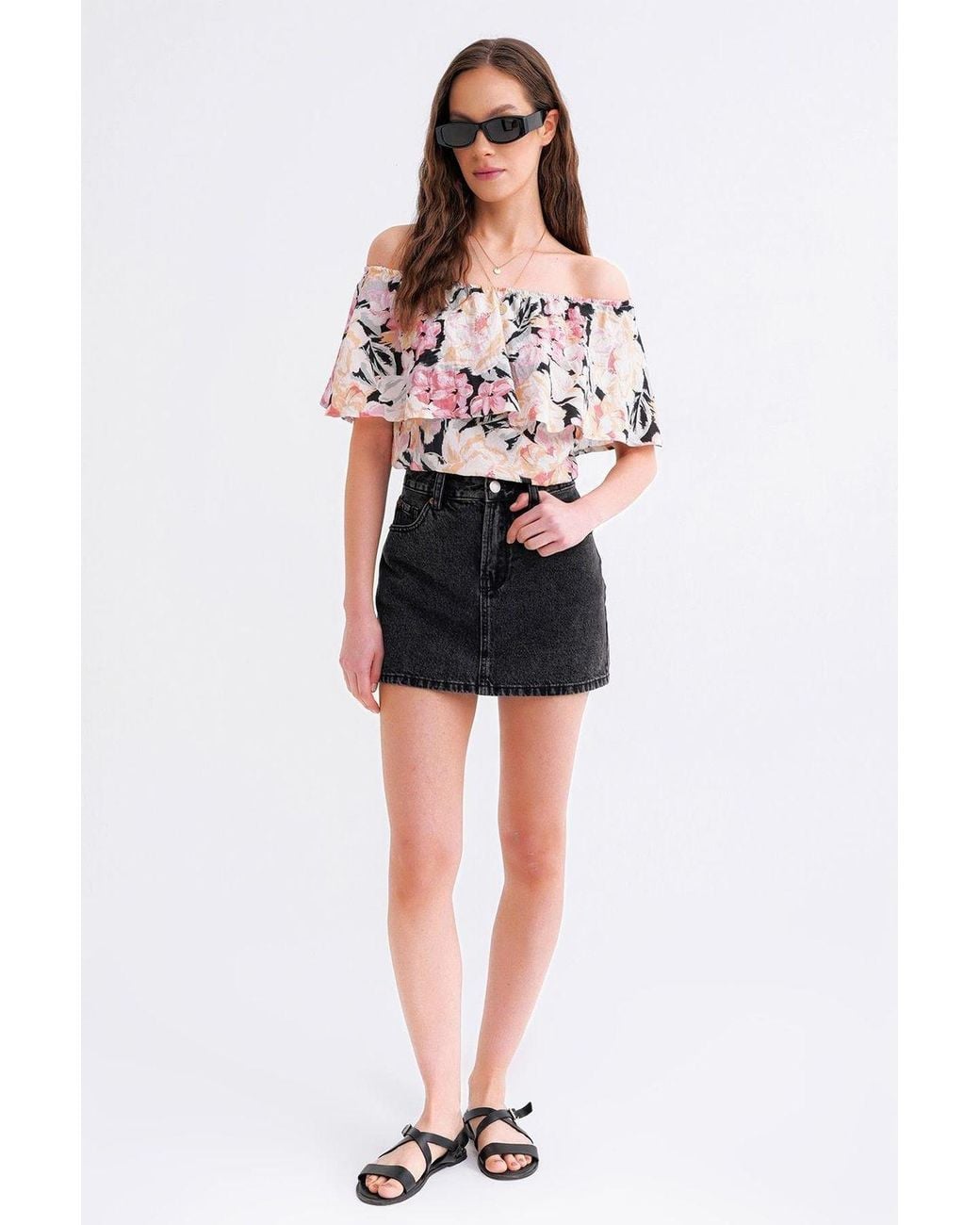 MixRay White Floral Print Off Shoulder Blouse