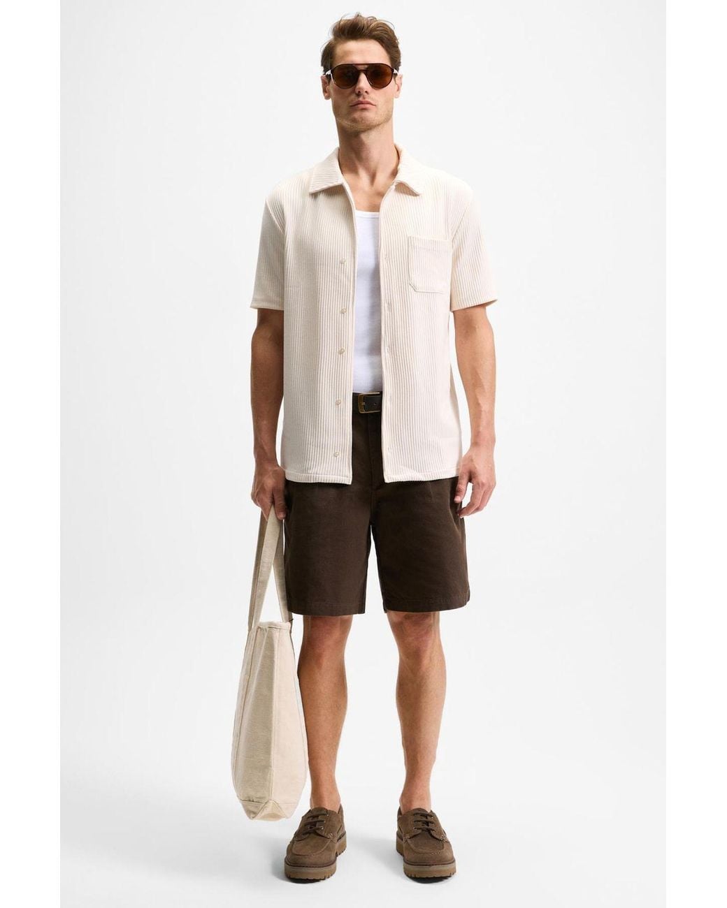 Grimelange Natural Knitted Open Collar Button Shirt for men