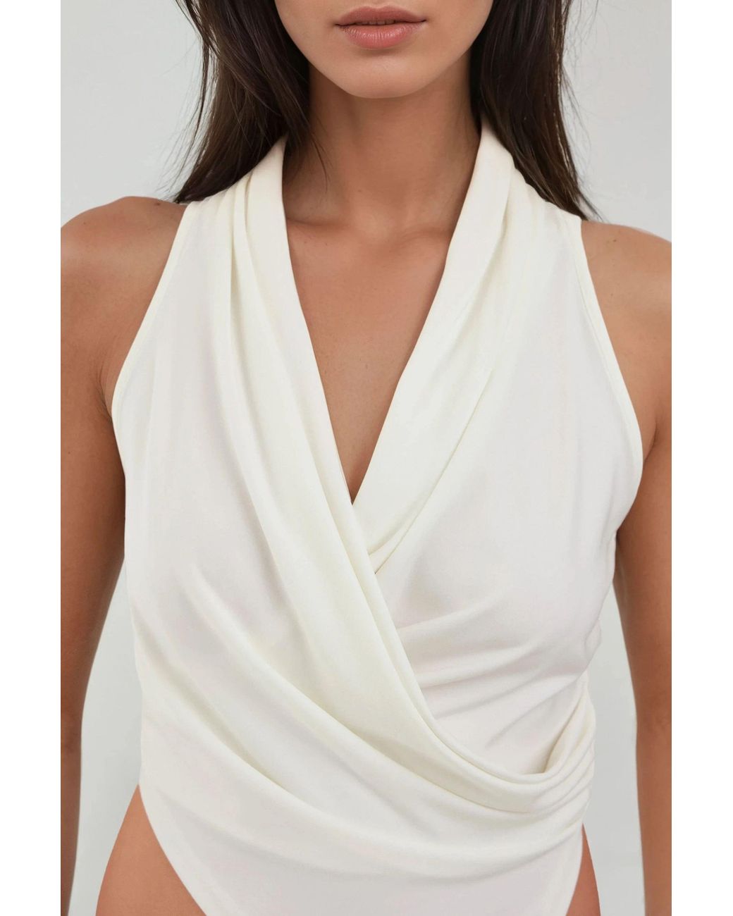 Hiccup White Draped Cowl Neck Sleeveless Crop Top