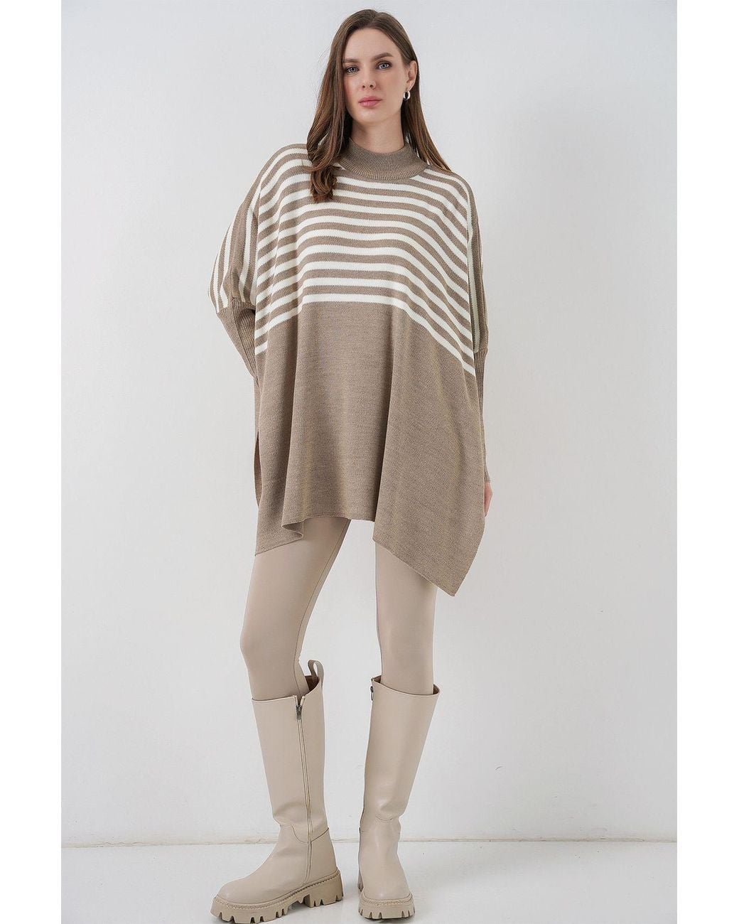 Bigdart Brown Slit Detailed Half Turtleneck Loose Sweater