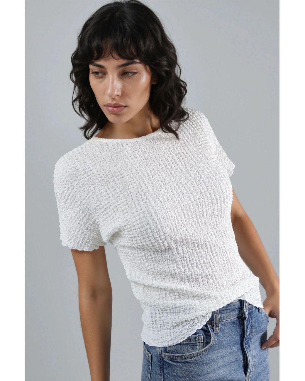 Hiccup White Textured Crew Neck Blouse