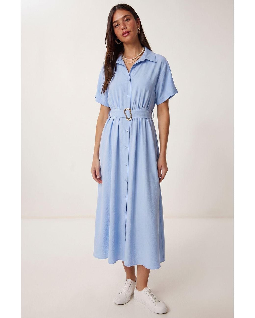 Happiness İstanbul Blue Belted Poplin Shirt Midi Dress