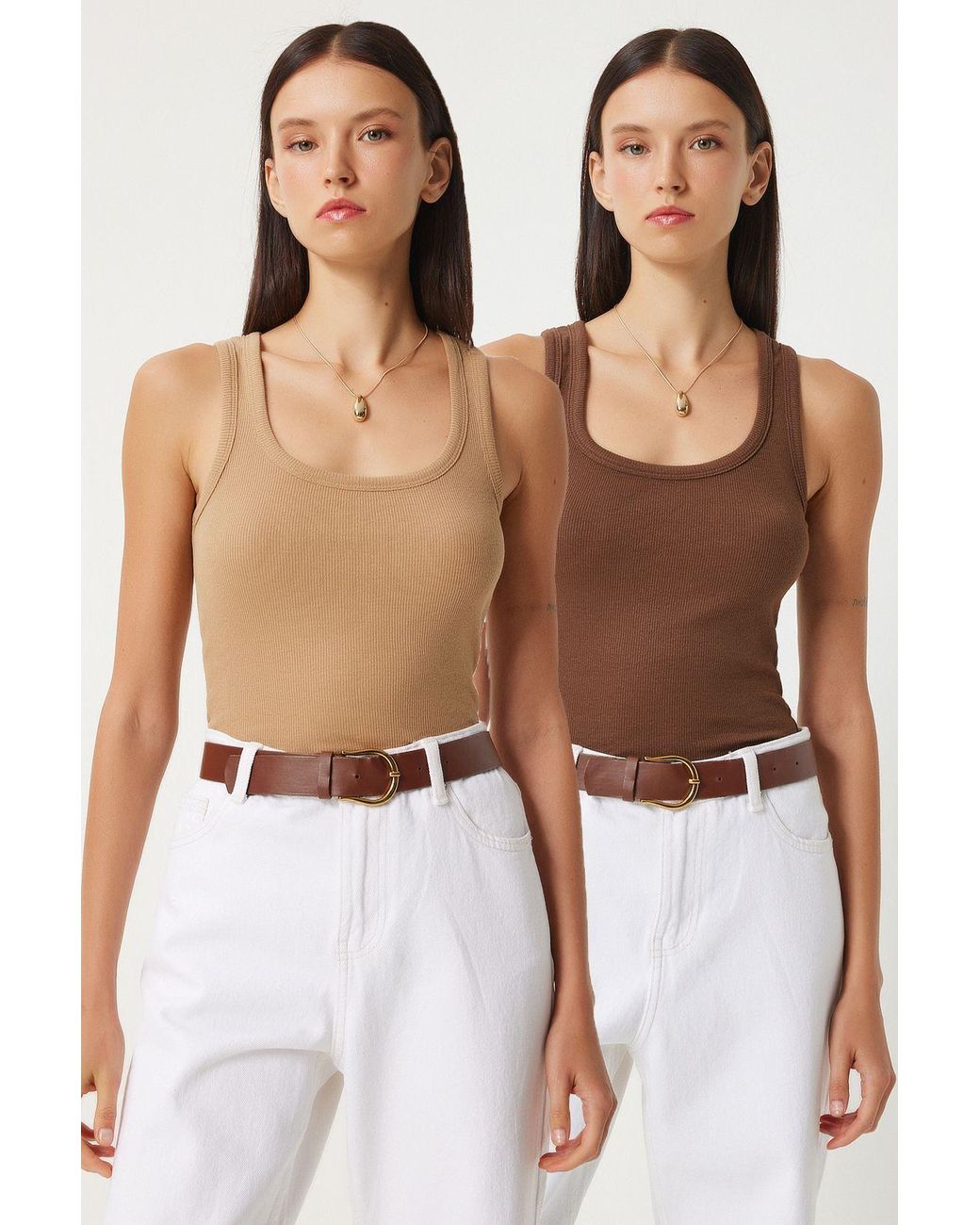 Happiness İstanbul Brown Fitted U Collar Knitted 2- Pack Tank Top