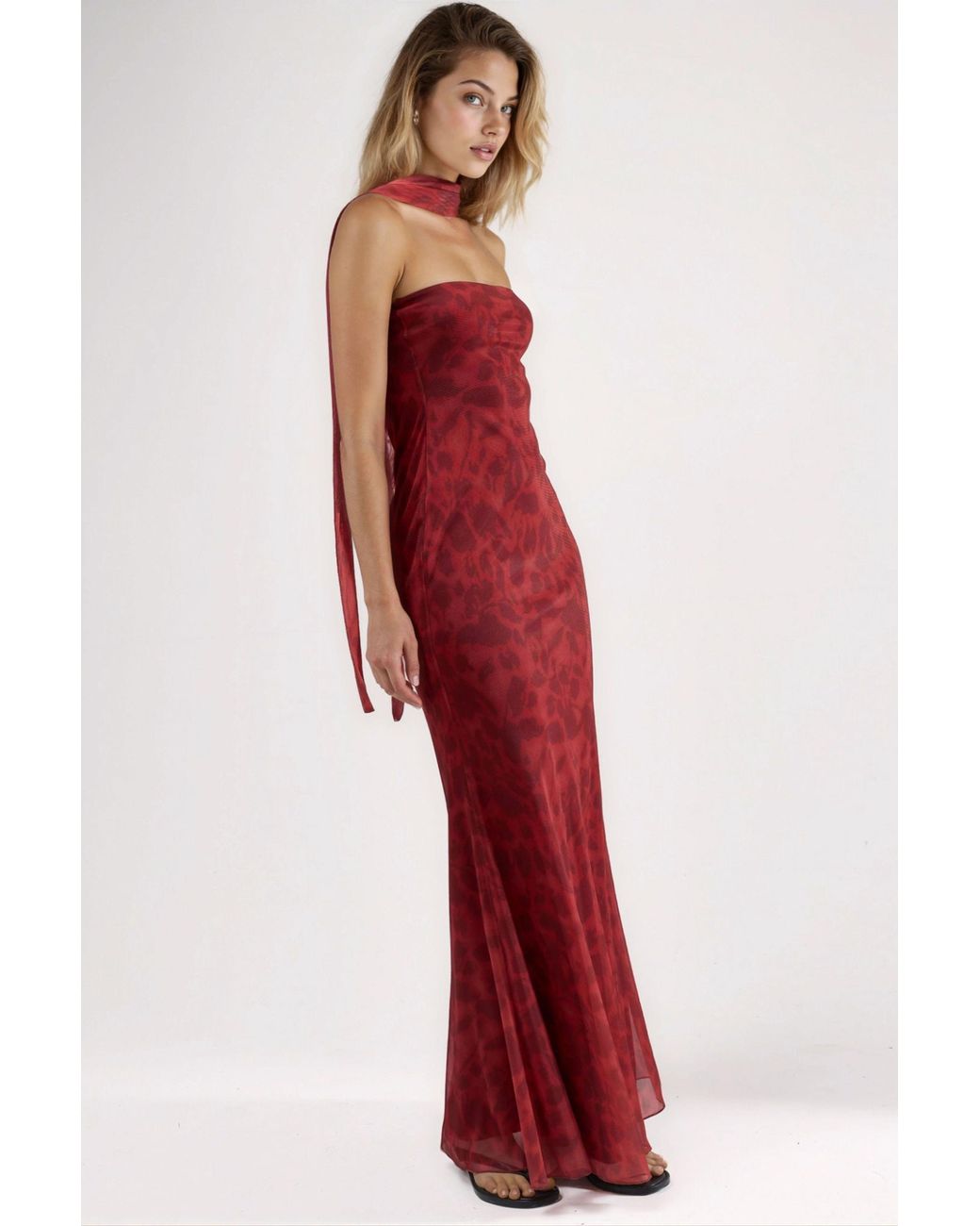 Hiccup Red Strapless Flowering Bodycon Maxi Dress