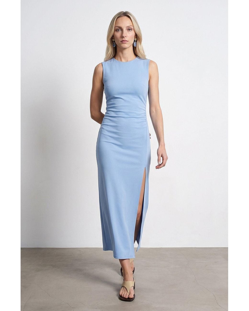 Dilvin Blue Fitted Sleeveless Midi Dress With Slit