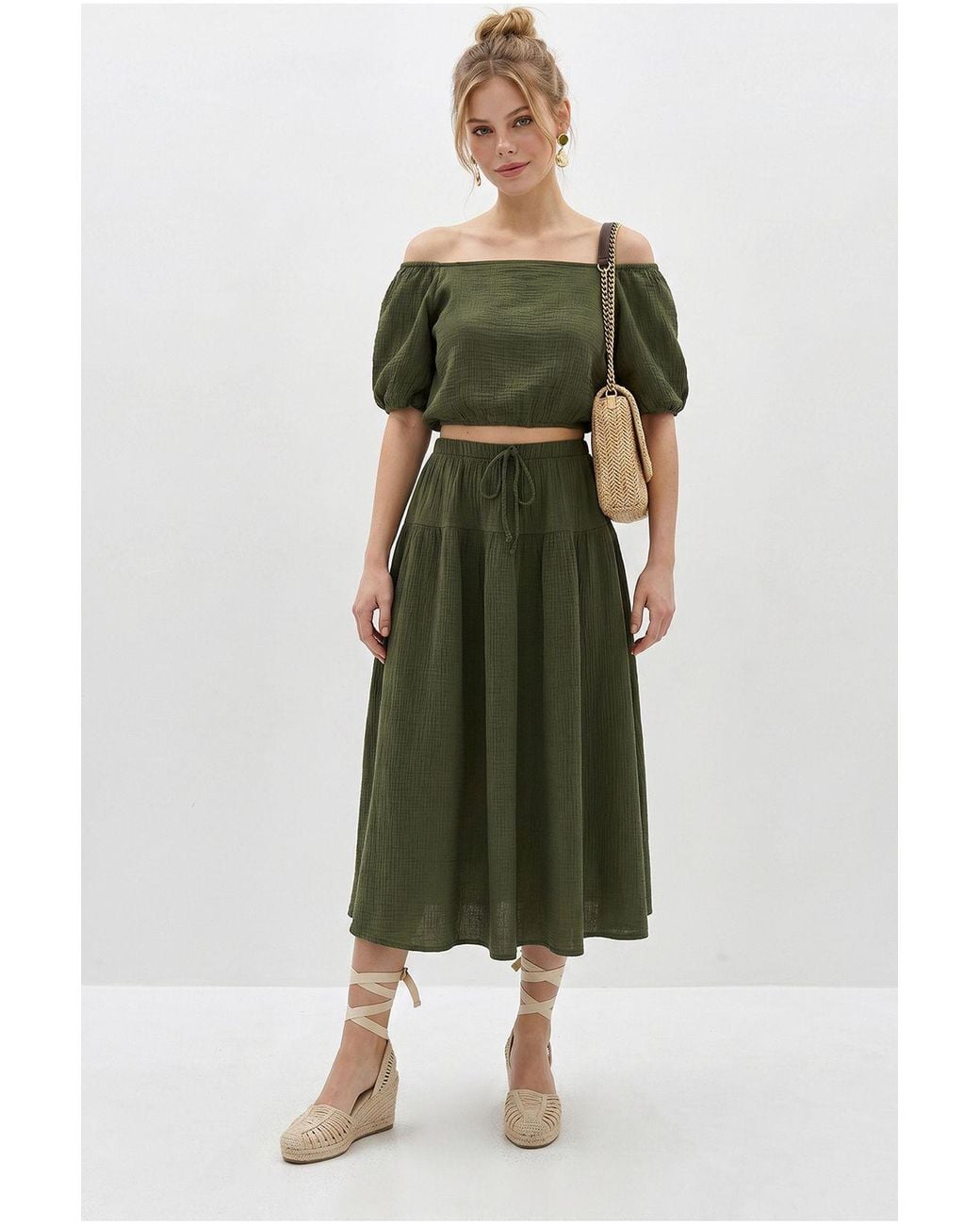 Bianco Lucci Green Cotton Seersucker Blouse And Midi Skirt Set