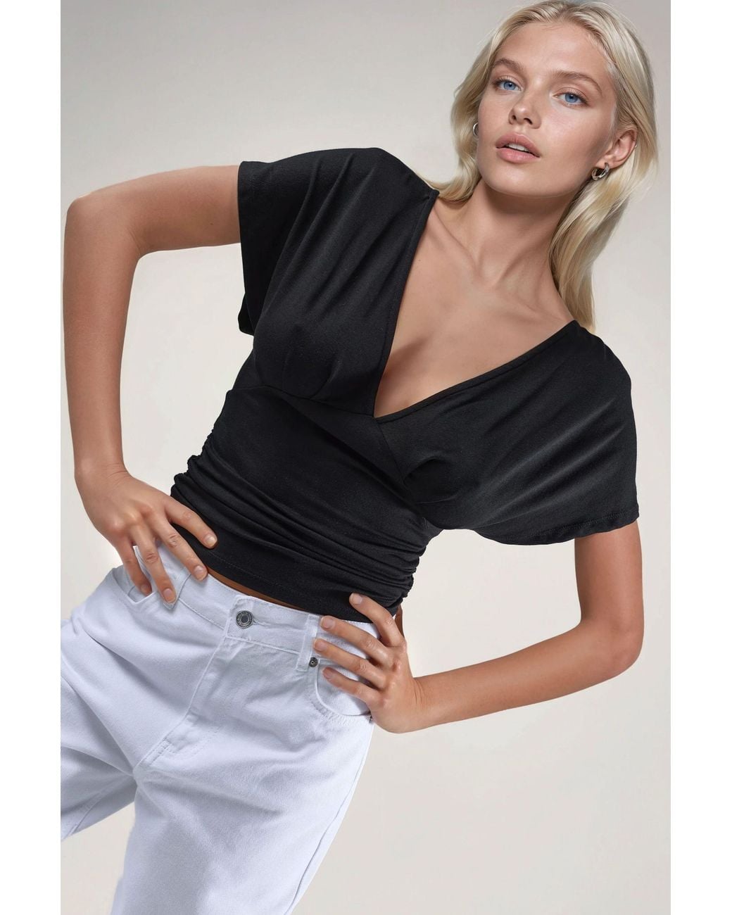 Hiccup Black Ruched V-Neck T-Shirt