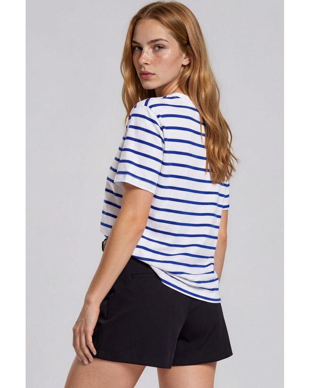 Busem Blue Striped Cotton Crew Neck T-Shirt
