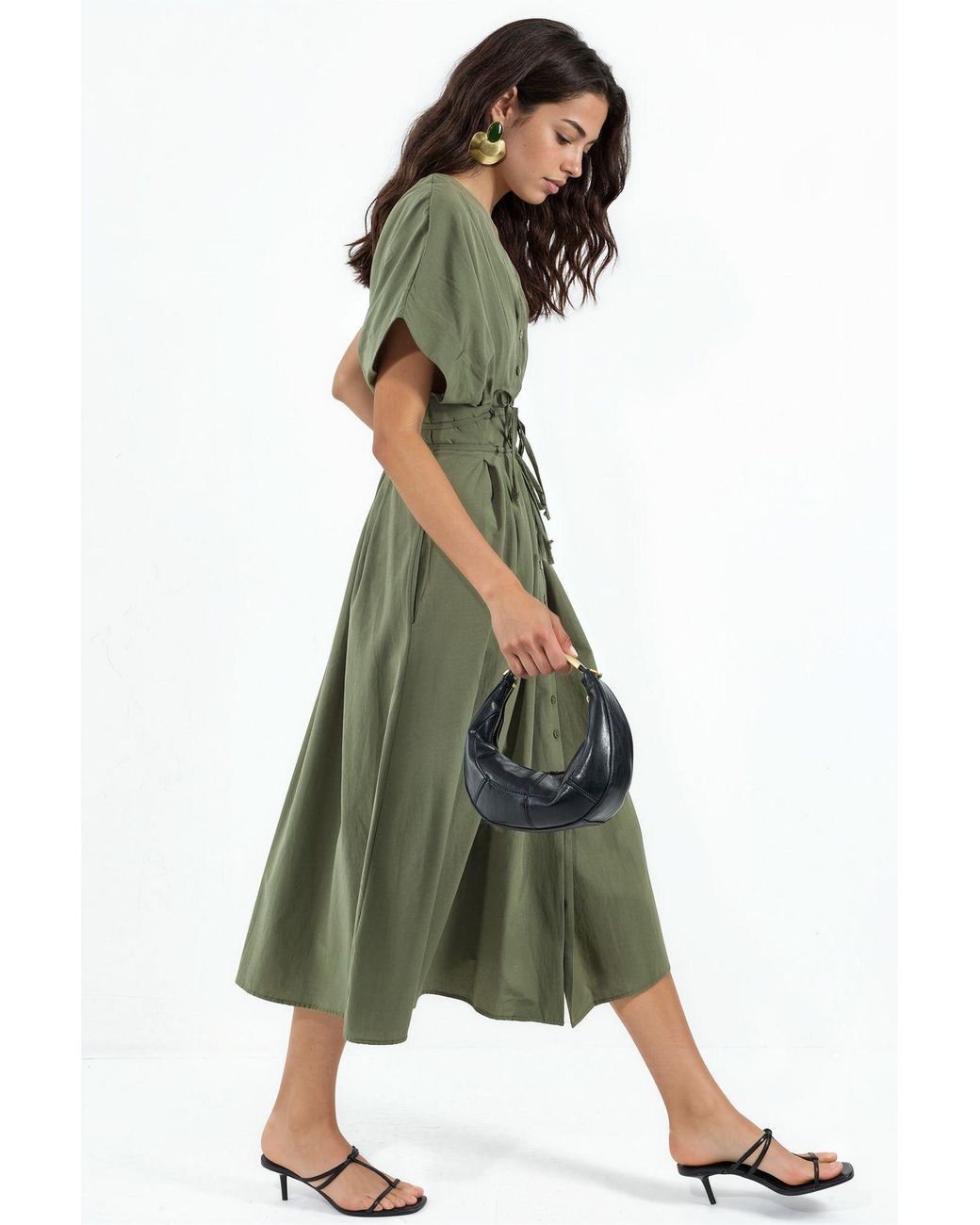 Busem Green Casual V-Neck Midi Shirt Dress