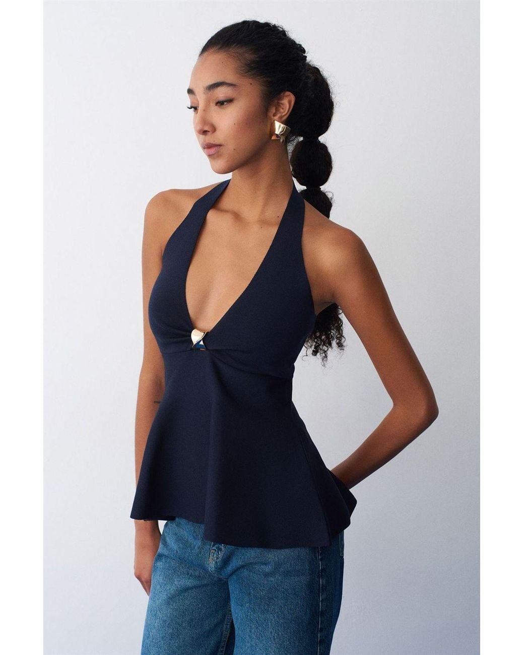 Dilvin Blue Seamless Halter Peplum Blouse