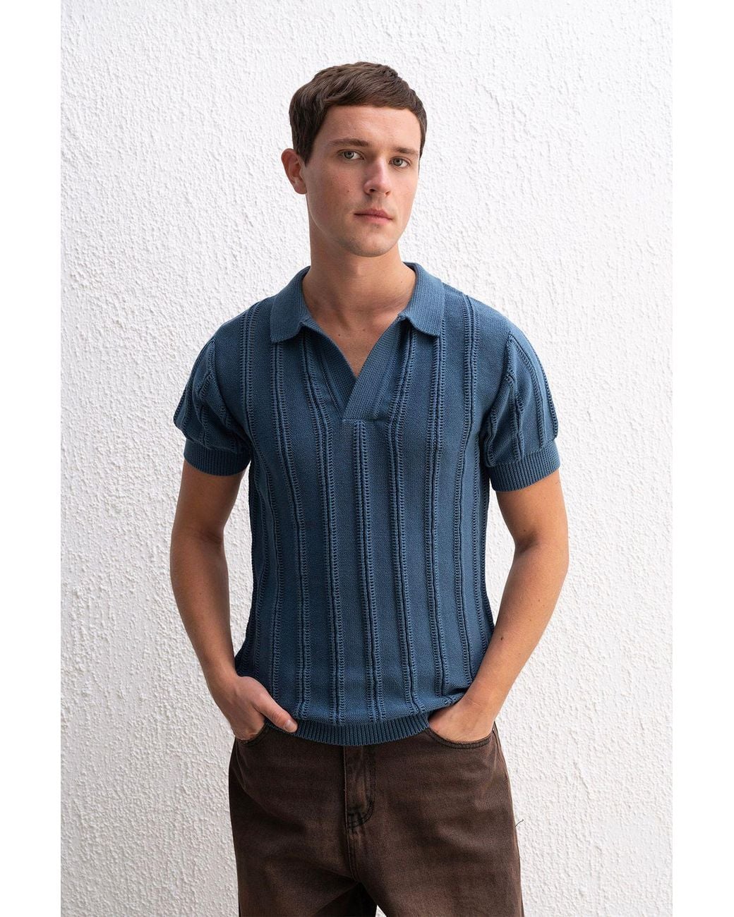 Giesto Blue Cotton Textured Polo T-Shirt for men