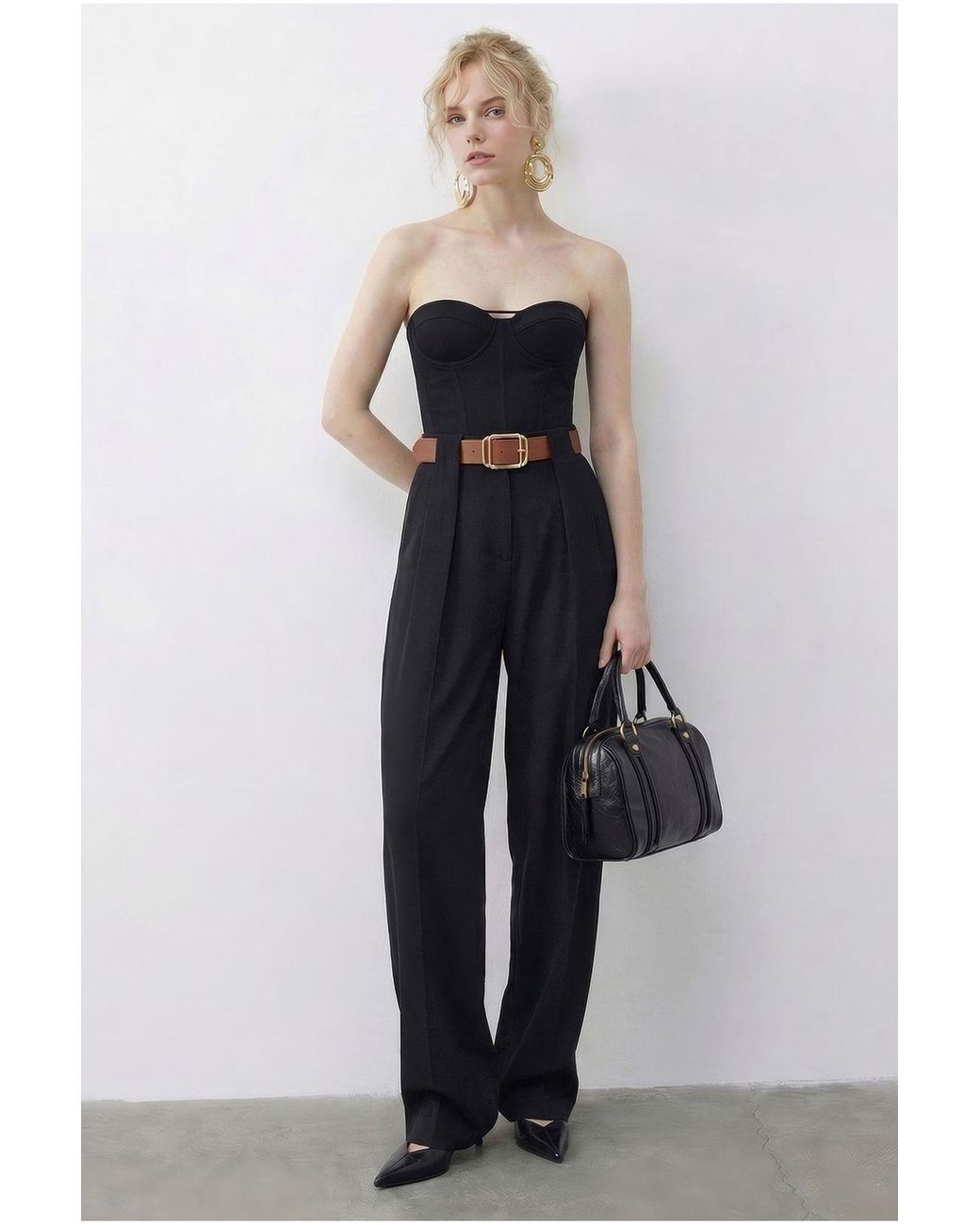 Bianco Lucci Black High Waist Wide Leg Palazzo Pants With Belt