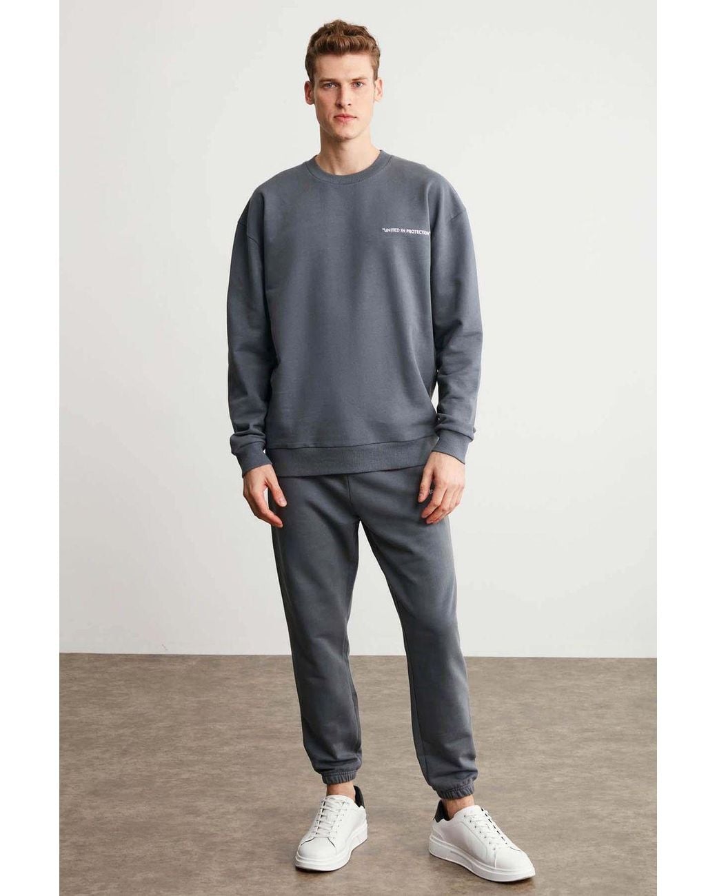 Grimelange Blue Elastic Waist Long Joggers for men