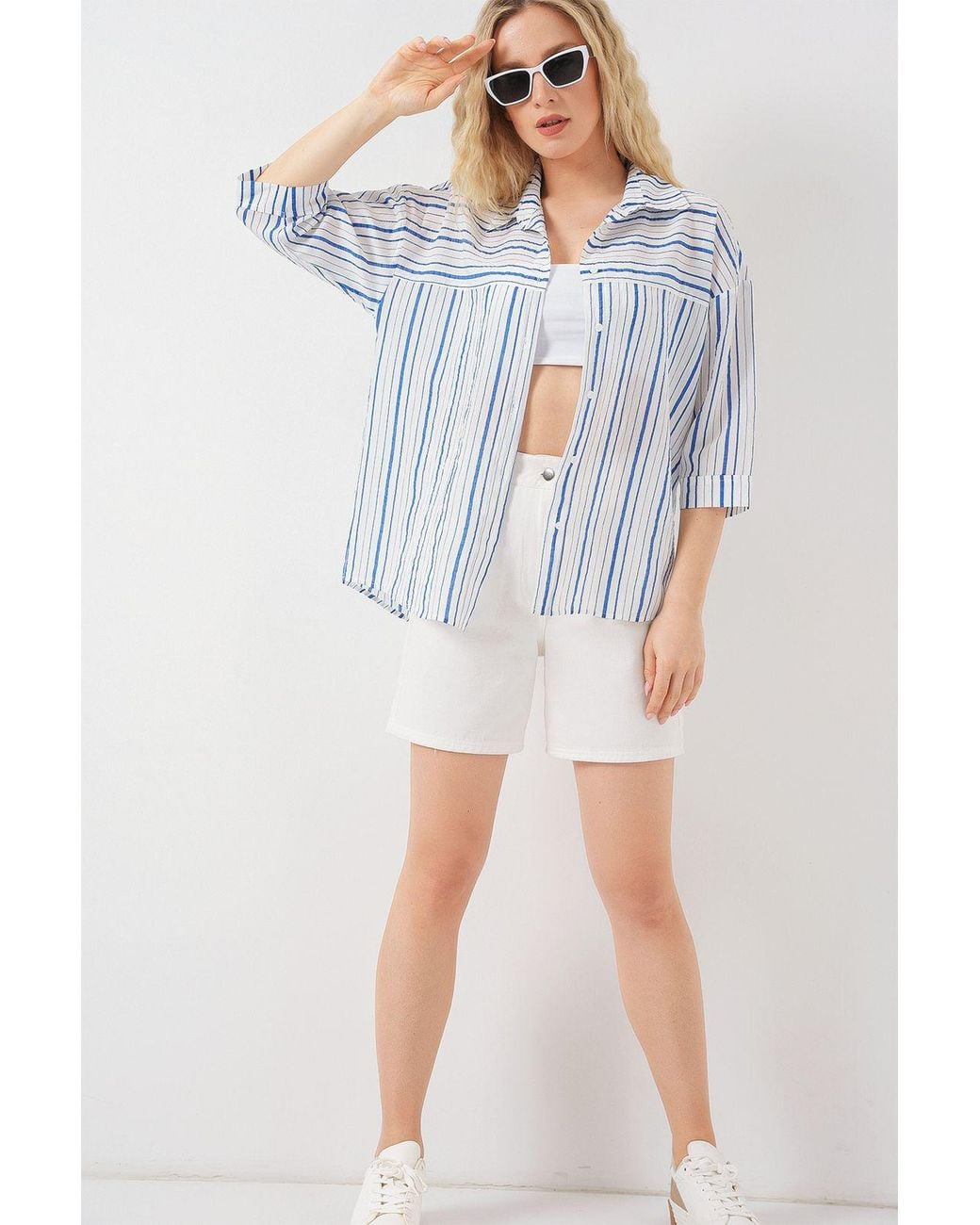 Bigdart Blue Lined Striped Poplin Shirt With Three Quarter Sleeves