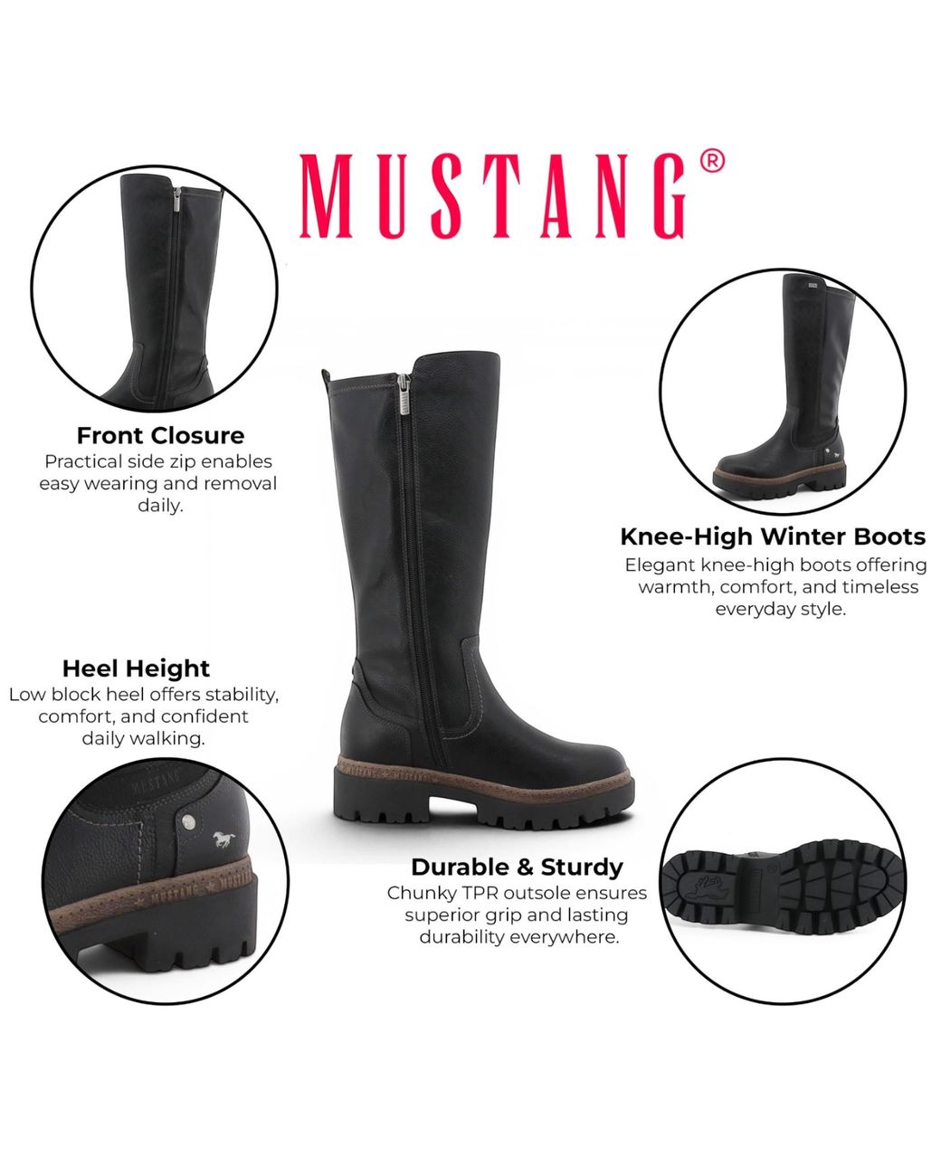 Mustang Black Knee High Chunky Long Winter Boots