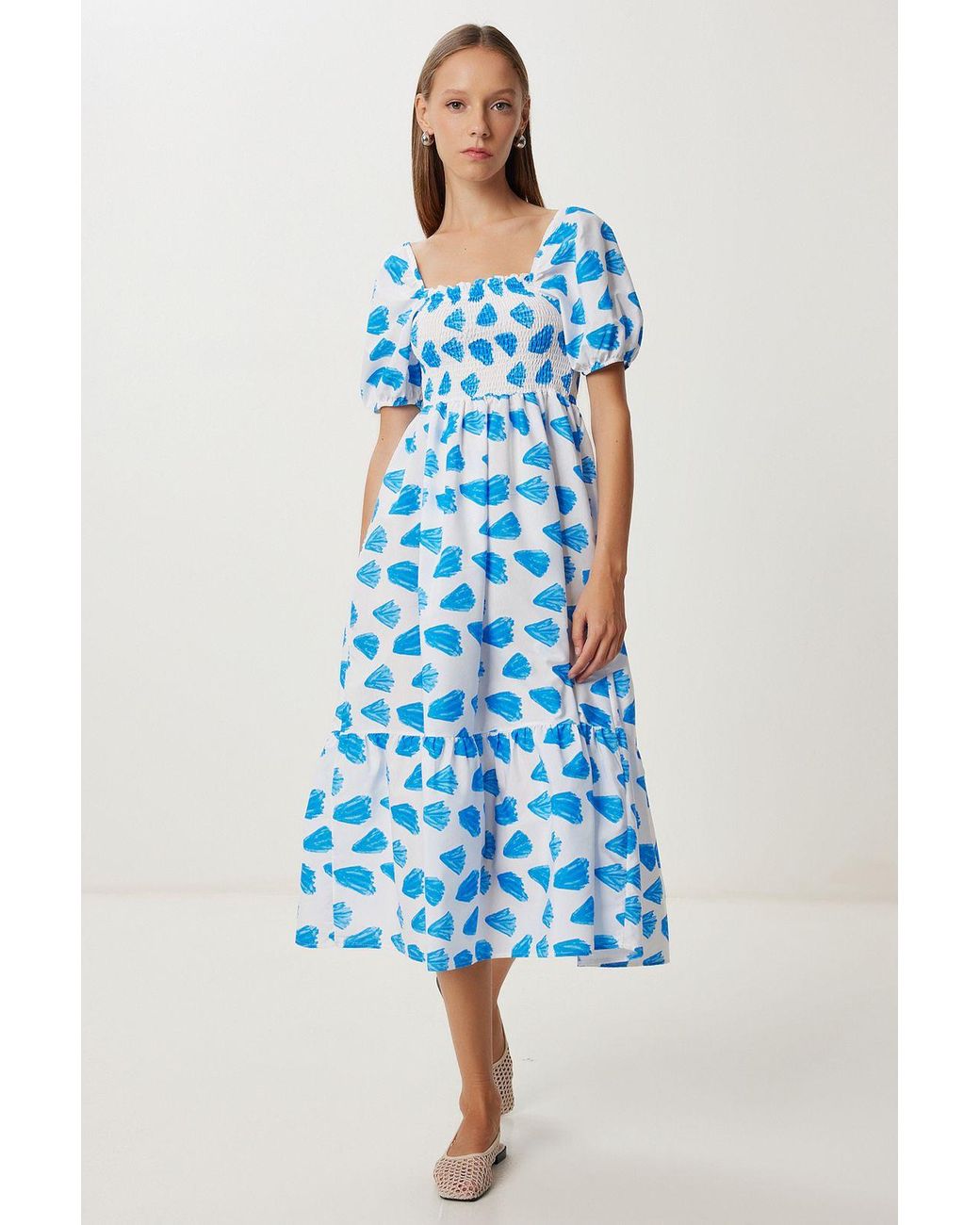 Happiness İstanbul Blue Frilly Abstract Print A-Line Midi Dress With Square Collar