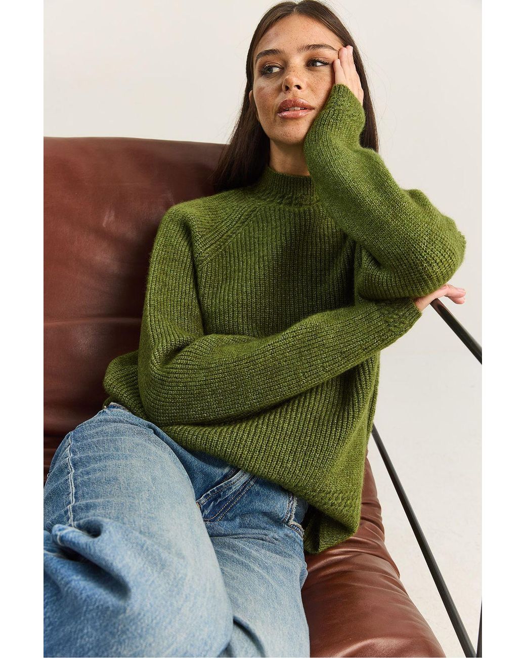 Bianco Lucci Green Oversized Crew Neck Knit Sweater