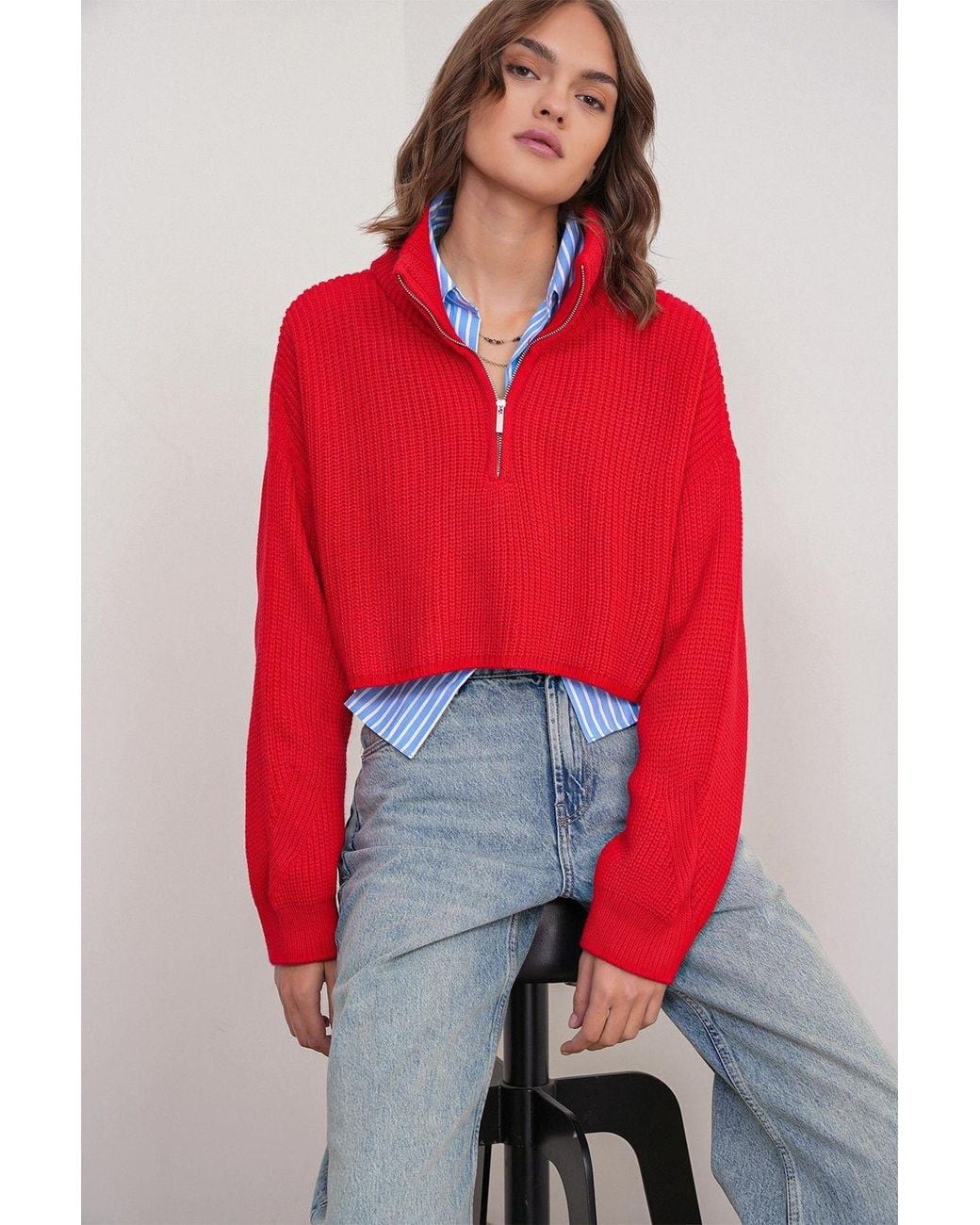 MixRay Textured Long Sleeve Zipped Collar Sweater