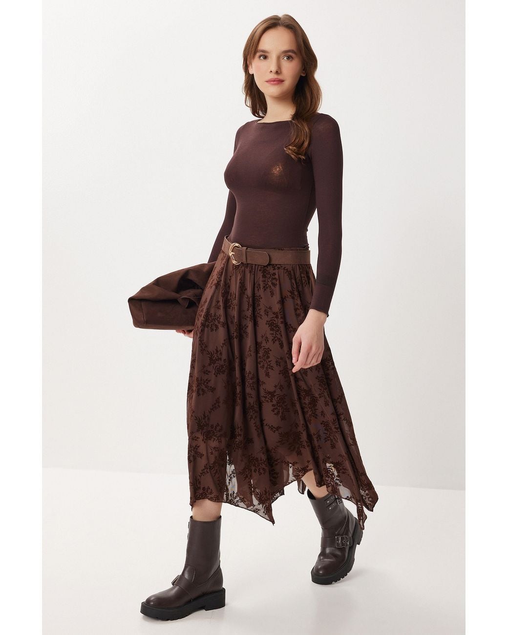 Happiness İstanbul Brown High Waist Floral Midi A-Line Skirt