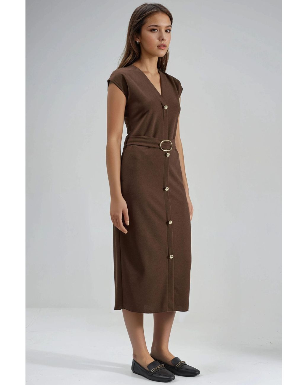 Busem Brown Belted Midi Dress With V-Neck