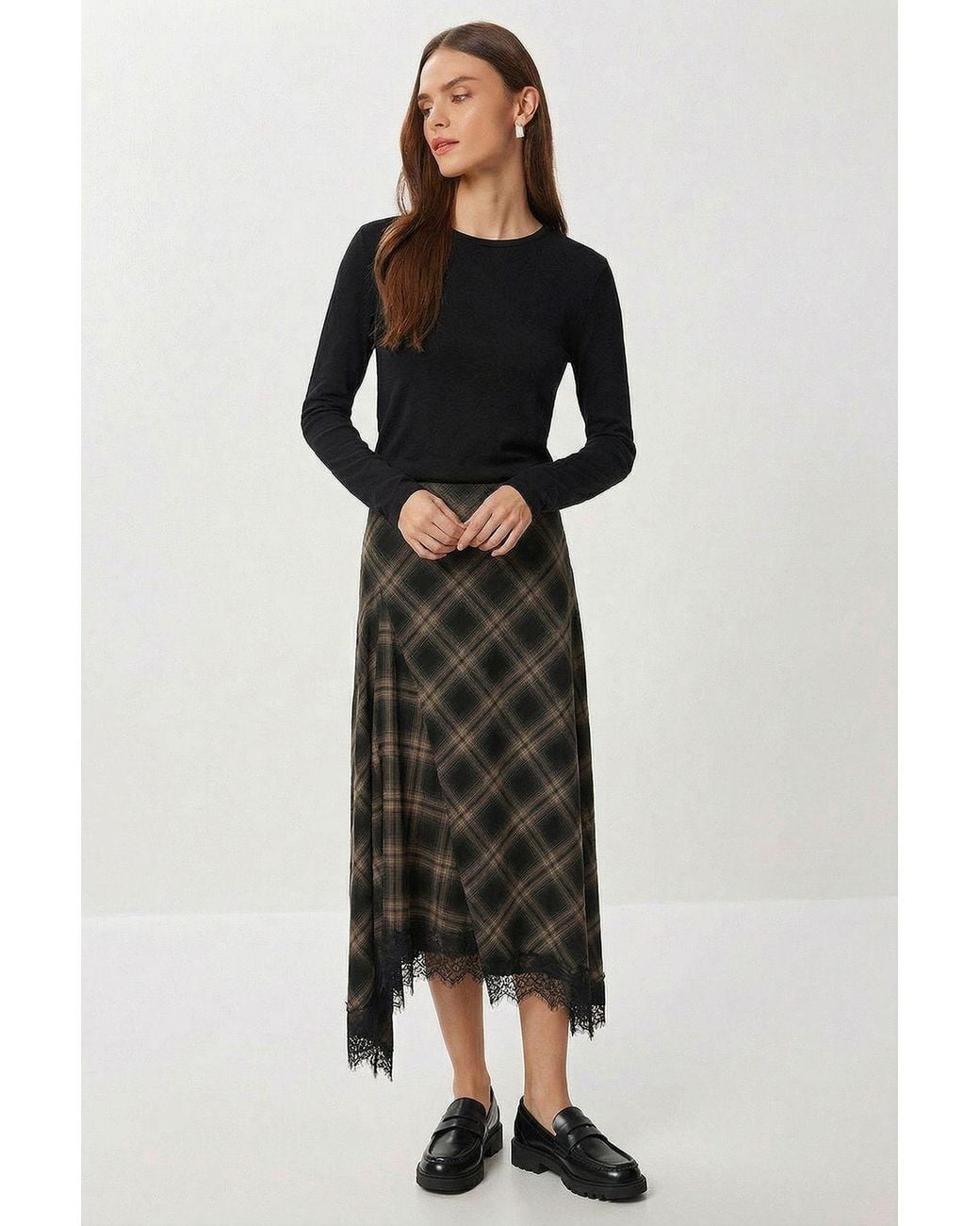 Happiness İstanbul Black High-Waist Plaid Midi A-Line Skirt