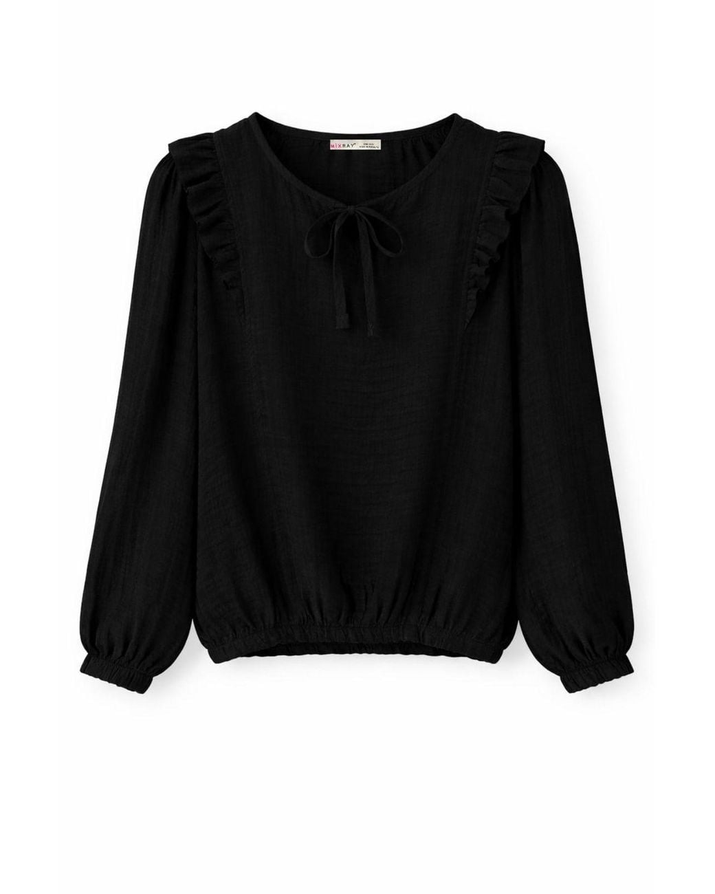MixRay Black Textured Frilly Crew Neck Blouse
