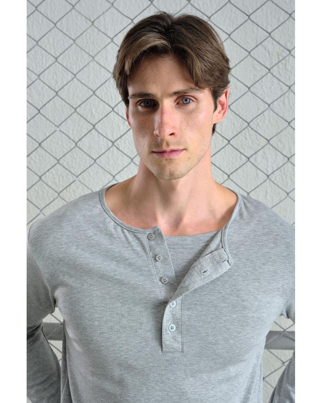 Giesto Gray Long Sleeve Button Collar Comfort Fit T-Shirt for men