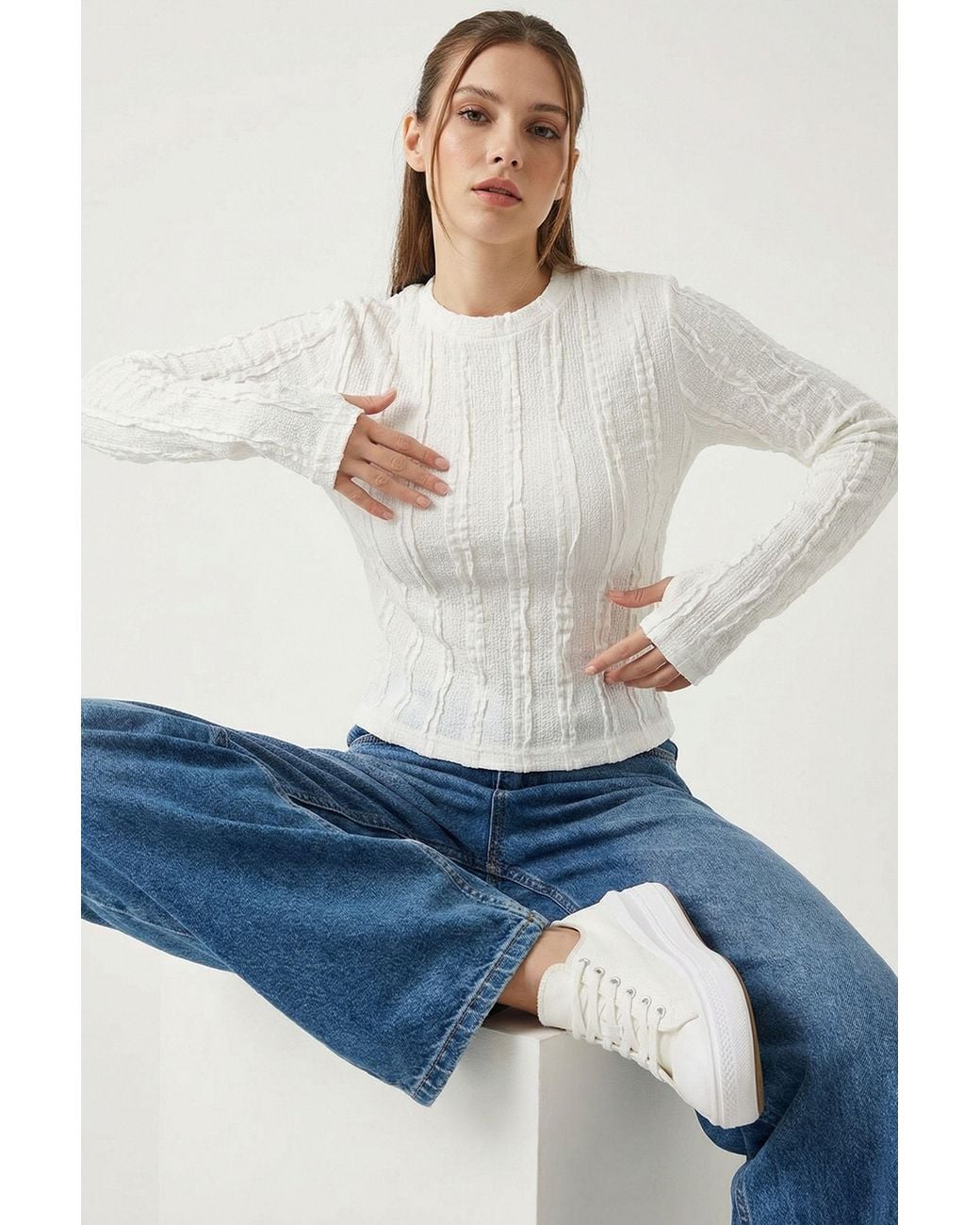 Bigdart White Ribbed Crew Neck Long Sleeve Blouse