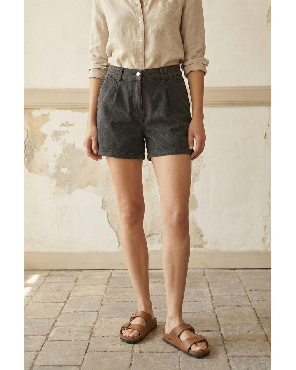 My Fashion Natural High Waist Wide Leg Tailored Shorts