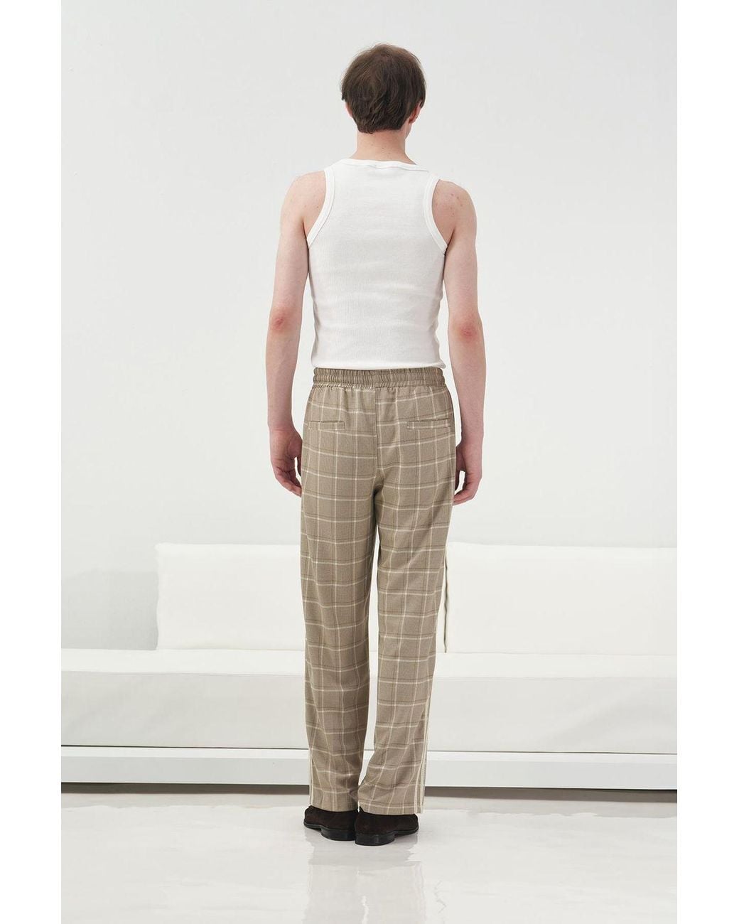 Giesto White Plaid Straight Leg Pants With Elastic Waist for men