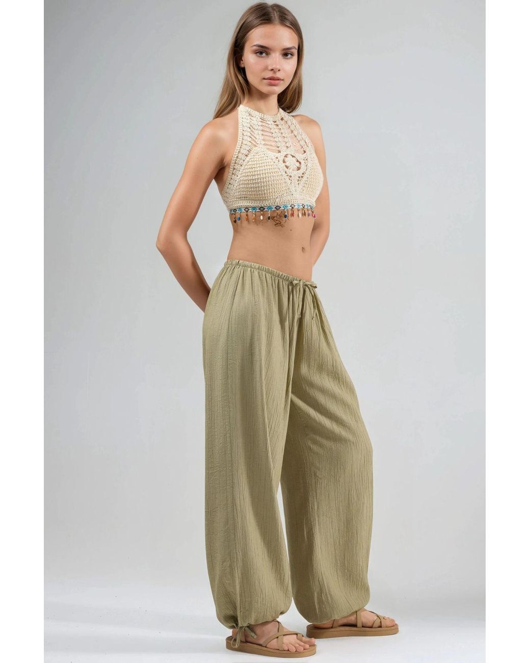 Busem Green Elastic Waist Pants With Tie Detail